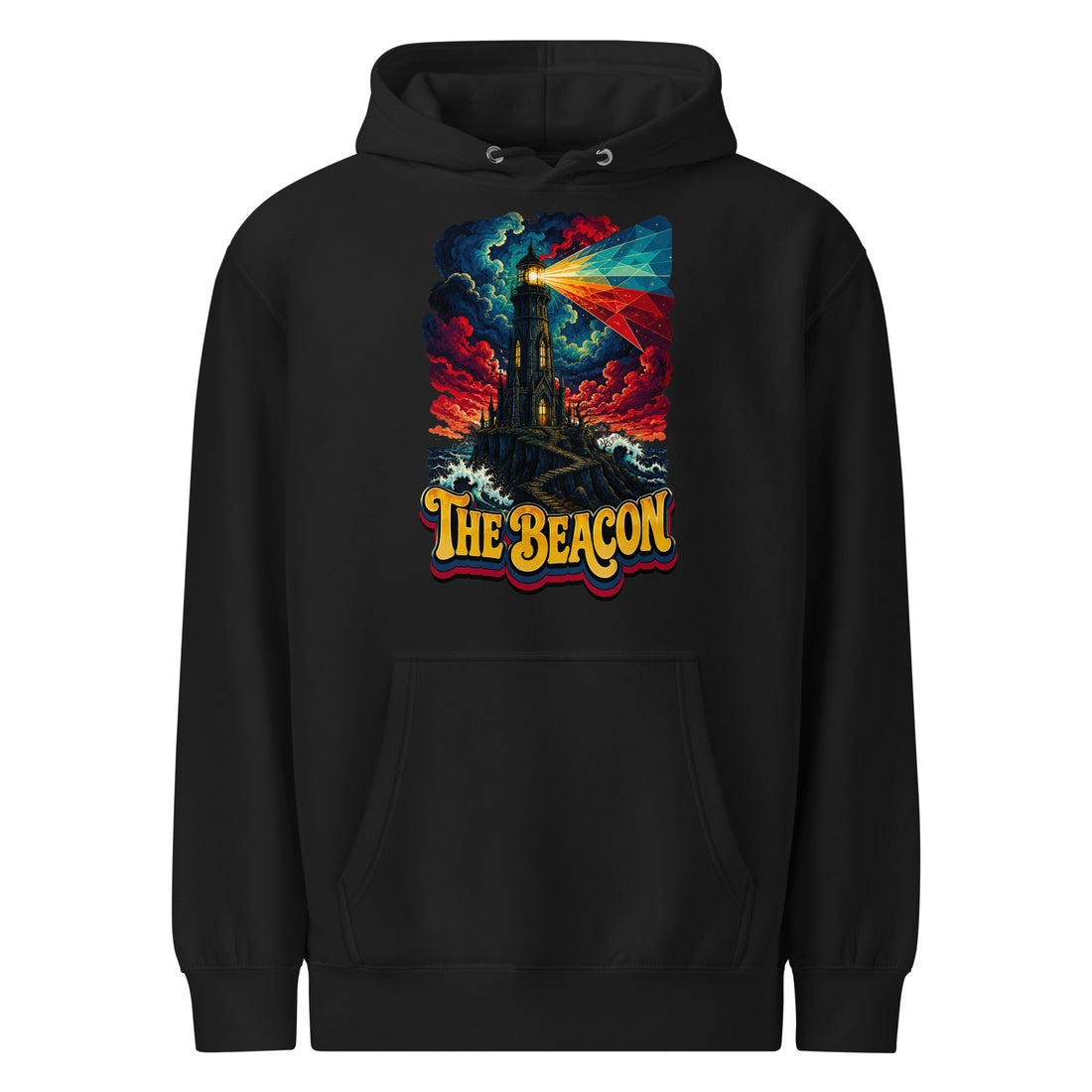Horror and Mystery Lovers Unisex Premium Mid-Weight Hoodie — "The Beacon" Dark Gothic Lighthouse Design by printfluence.net