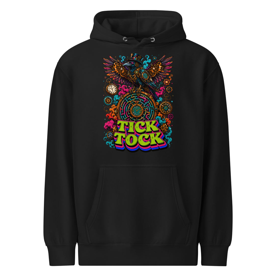 Horror and Mystery Lovers Unisex Essential Eco Hoodie — "Tick Tock" Mechanical Crow and Clockwork Labyrinth Design by printfluence.net