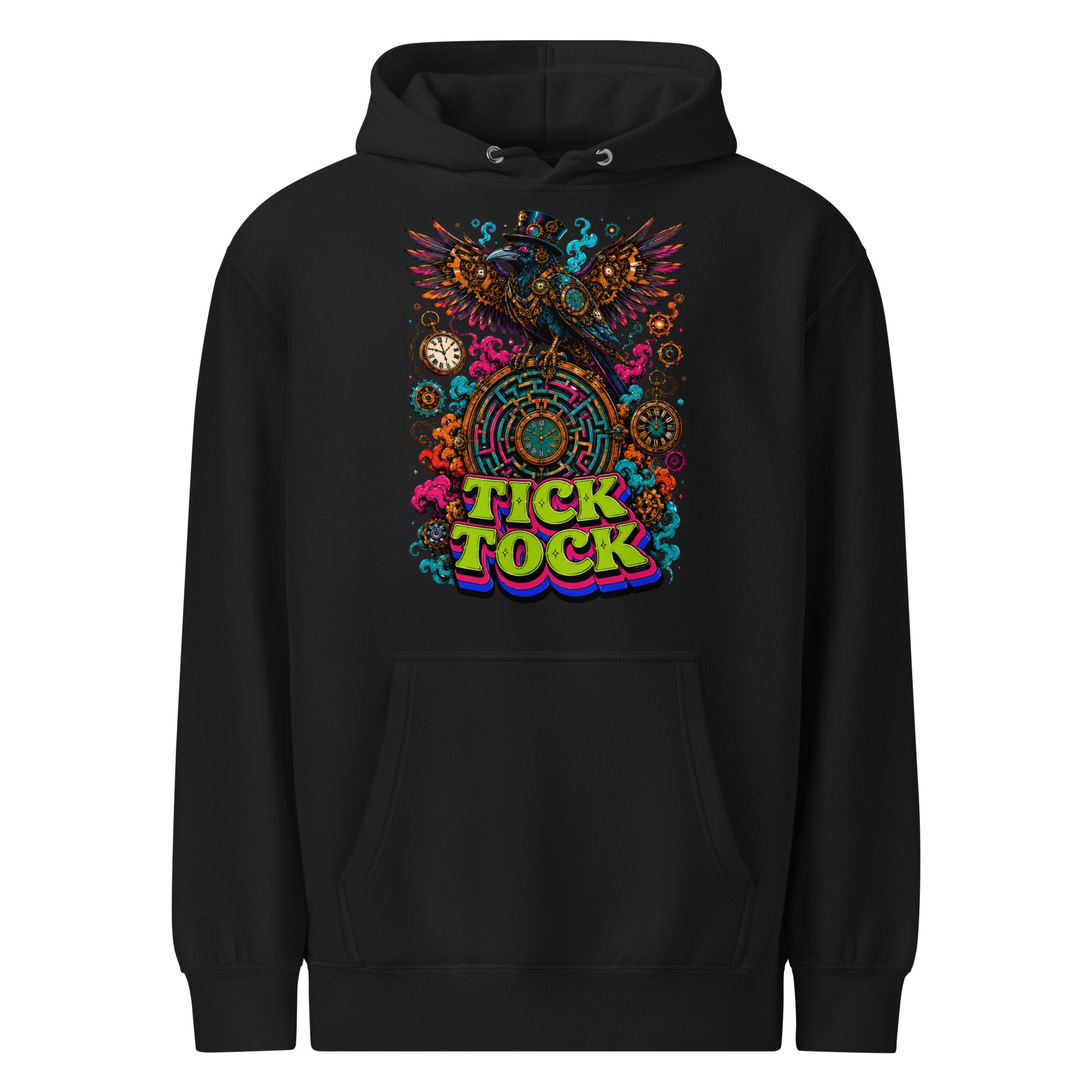 Horror and Mystery Lovers Unisex Essential Eco Hoodie — "Tick Tock" Mechanical Crow and Clockwork Labyrinth Design by printfluence.net