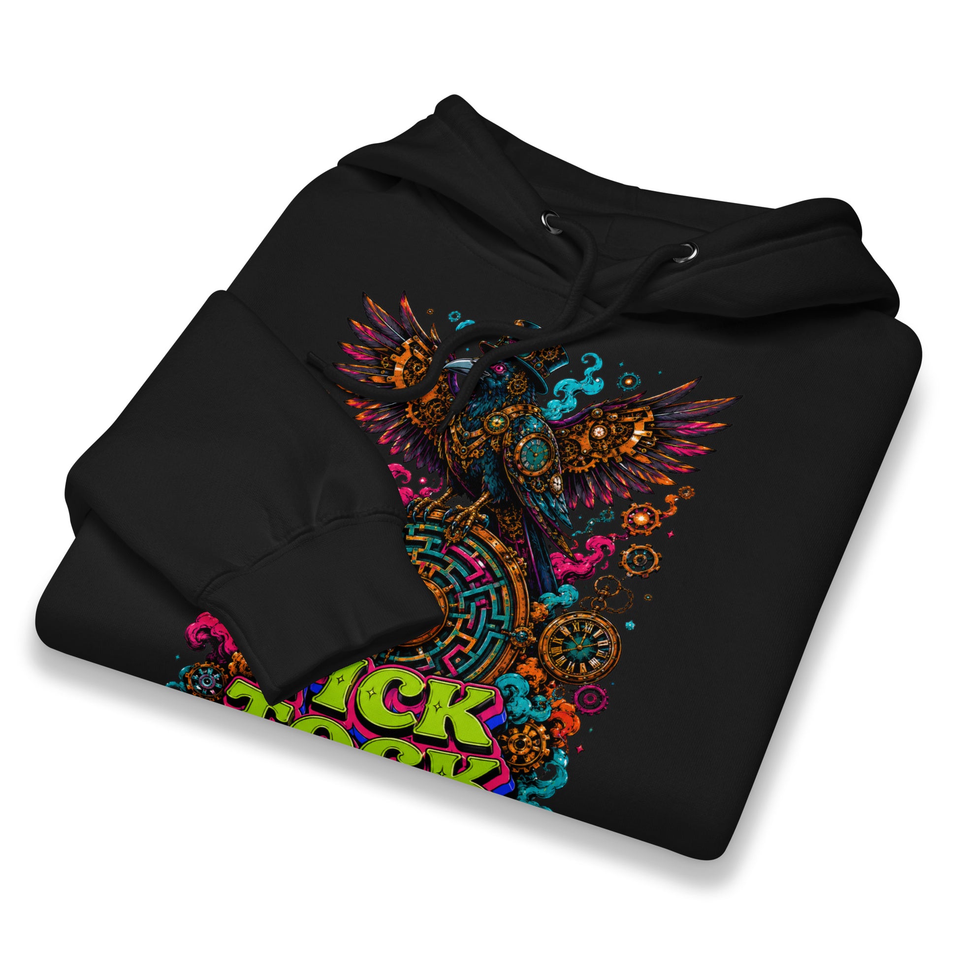 Horror and Mystery Lovers Unisex Essential Eco Hoodie — "Tick Tock" Mechanical Crow and Clockwork Labyrinth Design by printfluence.net