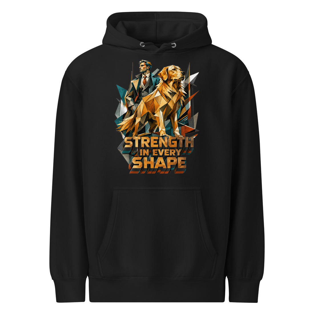 Golden Retriever Lovers Unisex Premium Mid-Weight Hoodie — "Strength in Every Shape" Geometric Detective and Golden Dog Design by printfluence.net