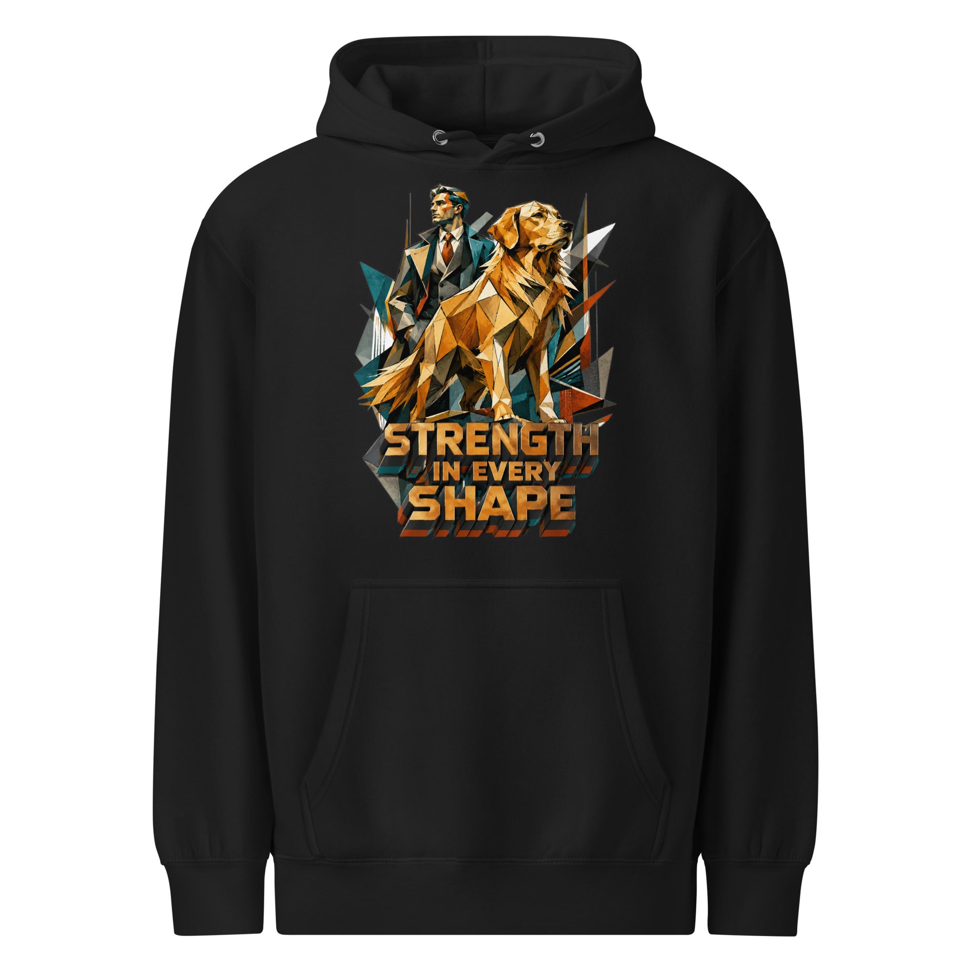 Golden Retriever Lovers Unisex Premium Mid-Weight Hoodie — "Strength in Every Shape" Geometric Detective and Golden Dog Design by printfluence.net