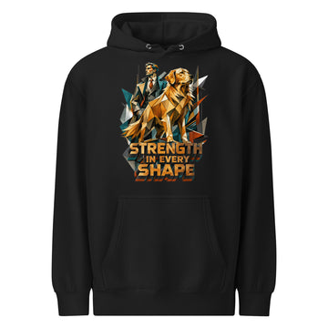 Golden Retriever Lovers Unisex Premium Mid-Weight Hoodie — "Strength in Every Shape" Geometric Detective and Golden Dog Design by printfluence.net