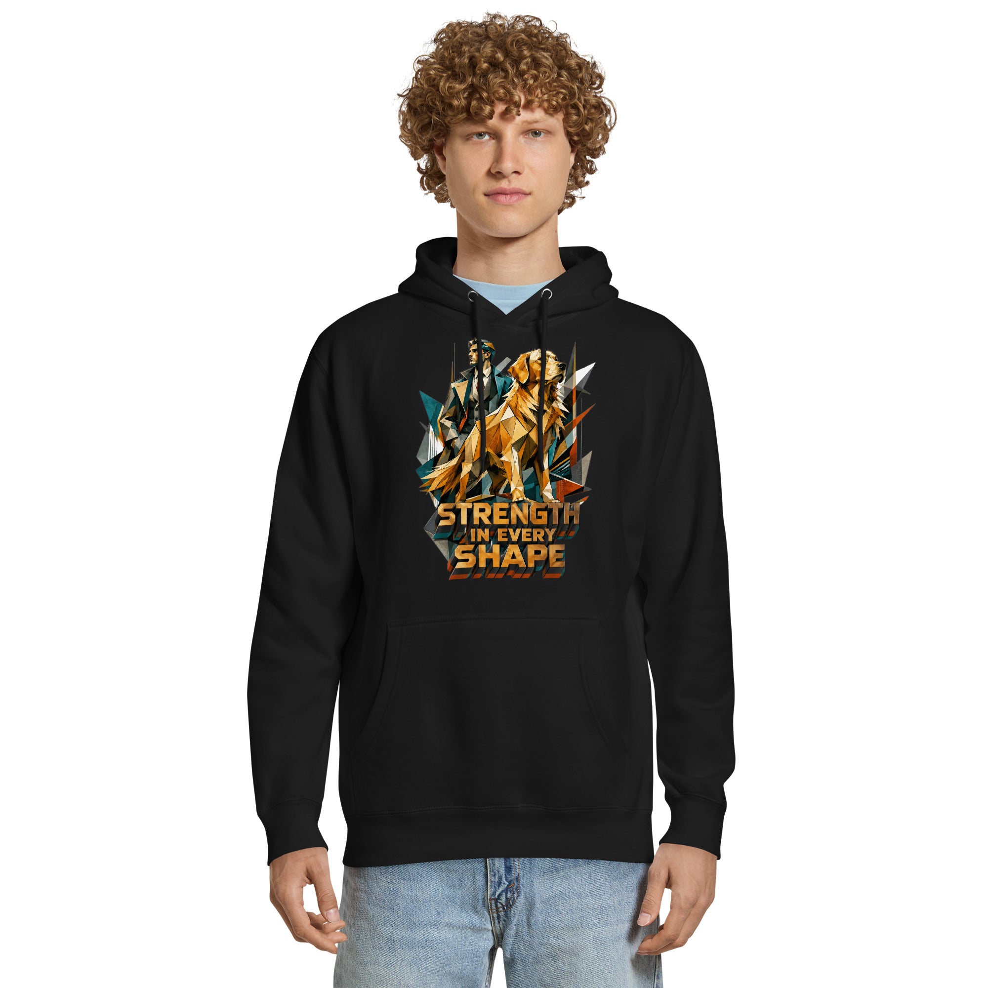 Golden Retriever Lovers Unisex Premium Mid-Weight Hoodie — "Strength in Every Shape" Geometric Detective and Golden Dog Design by printfluence.net