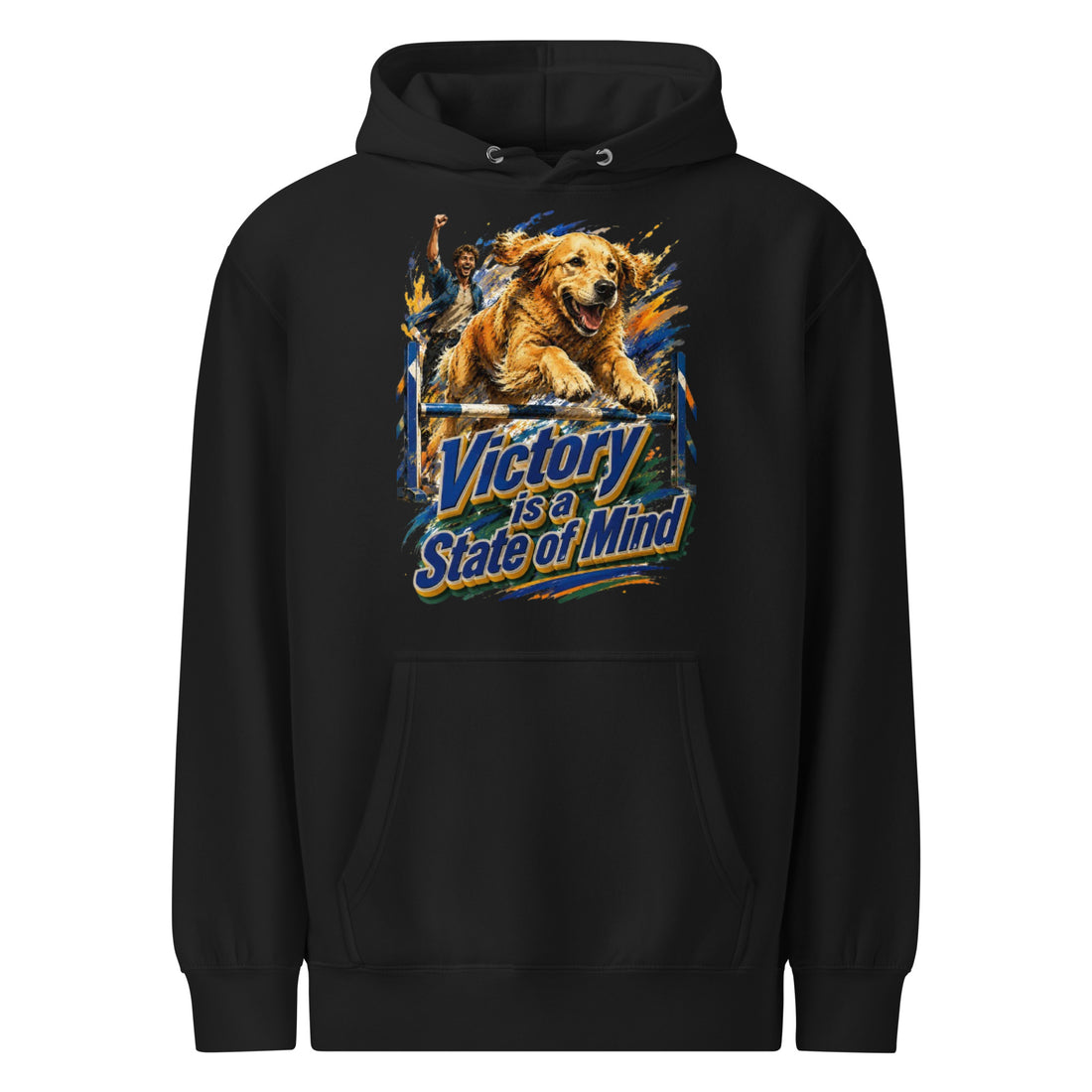 Golden Retriever Lovers Unisex Premium Mid-Weight Hoodie — "Victory is a State of Mind" Agility Jumping Dog and Owner Design by printfluence.net