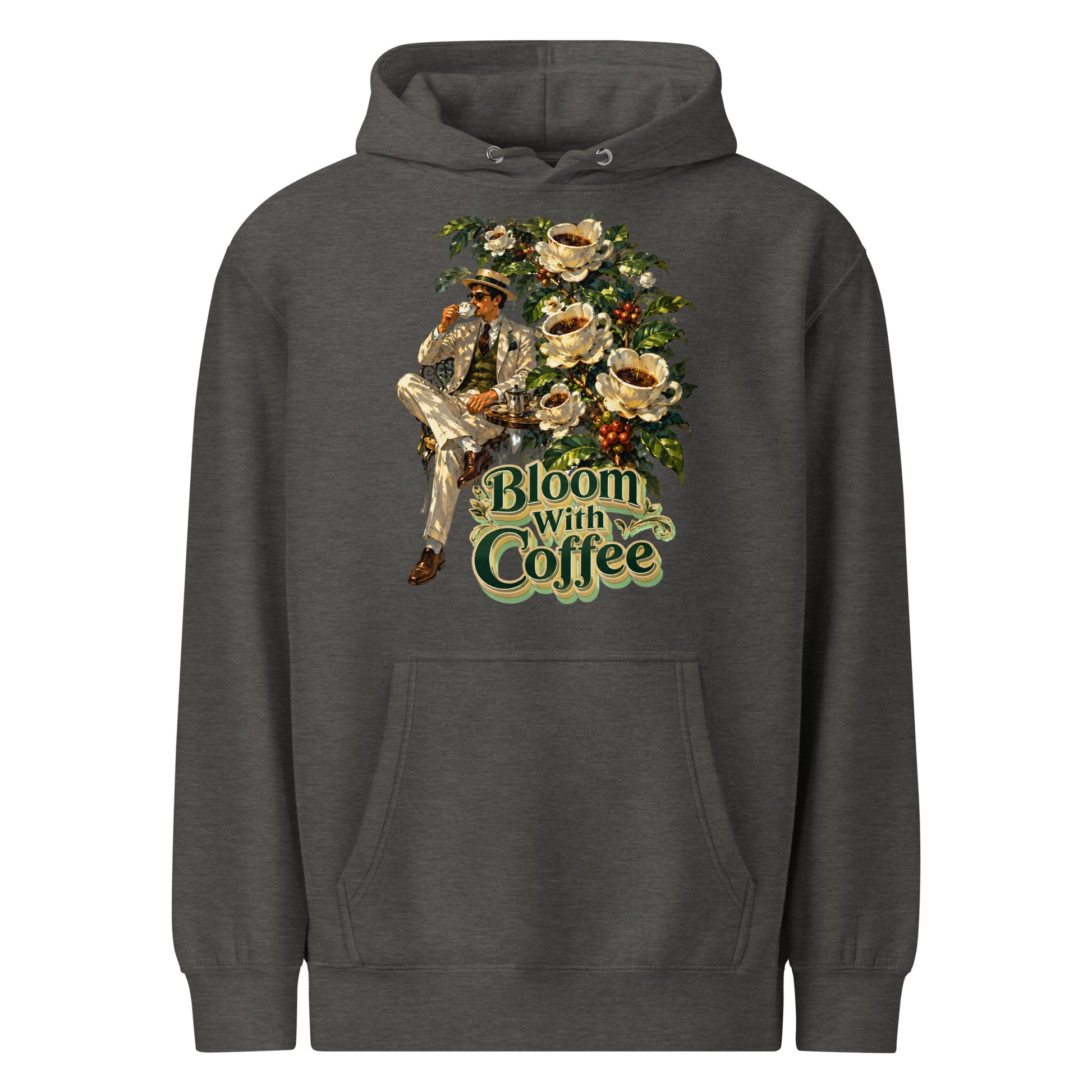 Coffee Lovers Unisex Premium Mid-Weight Hoodie Bloom with Coffee – Vintage Botanical & Gentleman Graphic Pullover by printfluence.net