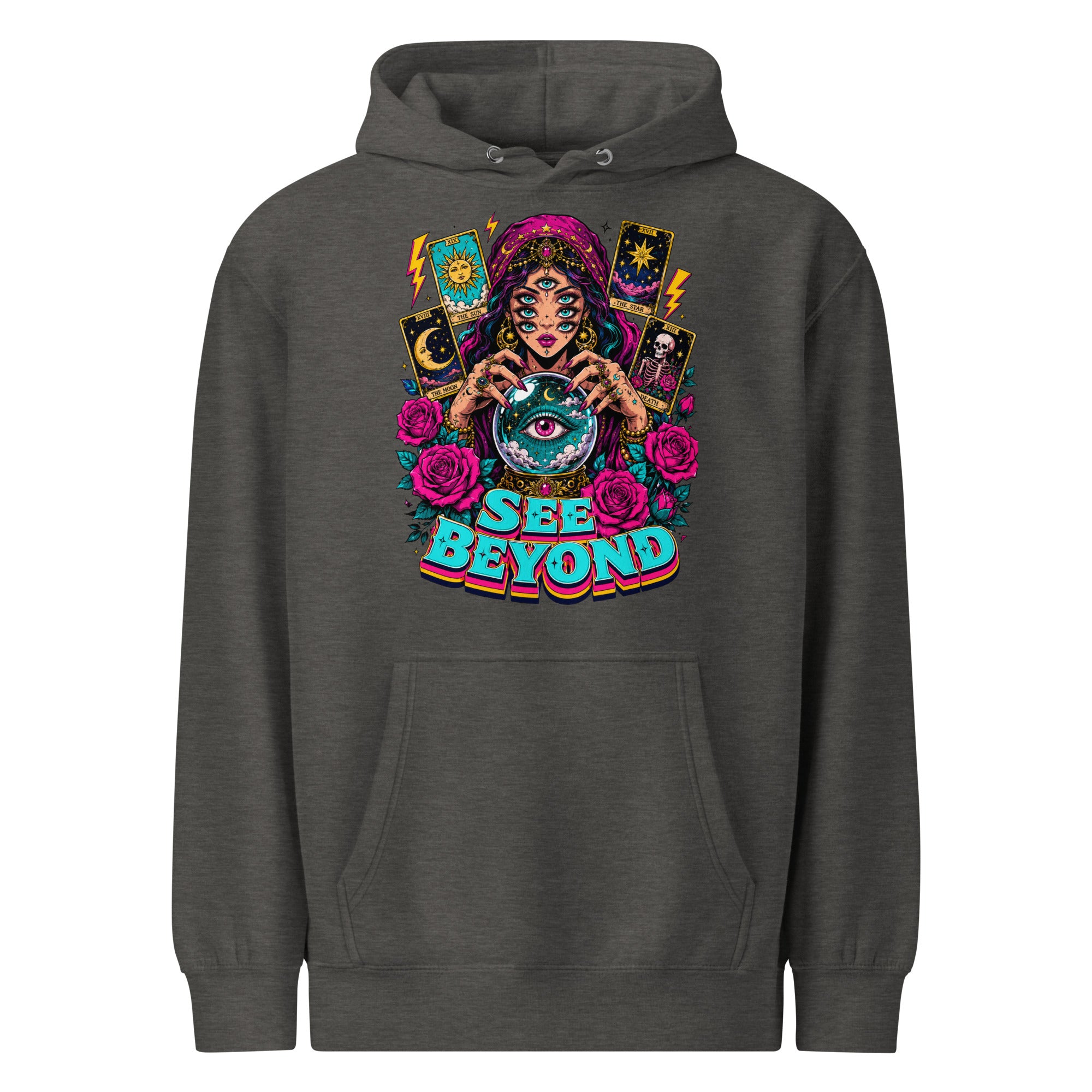 Tarot & Occult Lovers Unisex Premium Mid-Weight Hoodie with Multi-Eyed Fortune Teller and "See Beyond" Design by printfluence.net