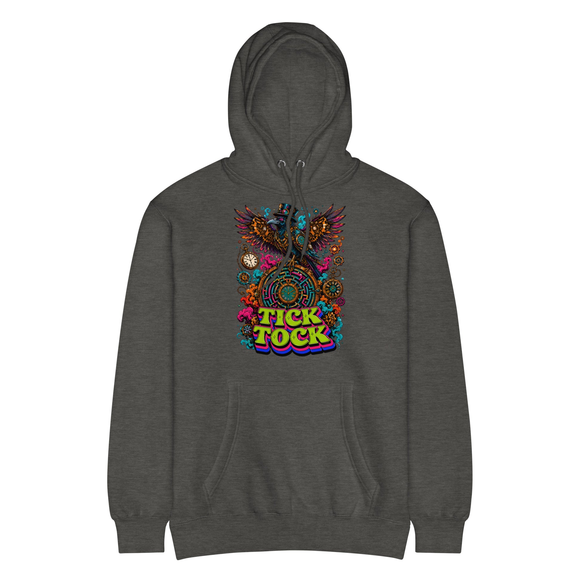 Horror and Mystery Lovers Unisex Essential Eco Hoodie — "Tick Tock" Mechanical Crow and Clockwork Labyrinth Design by printfluence.net