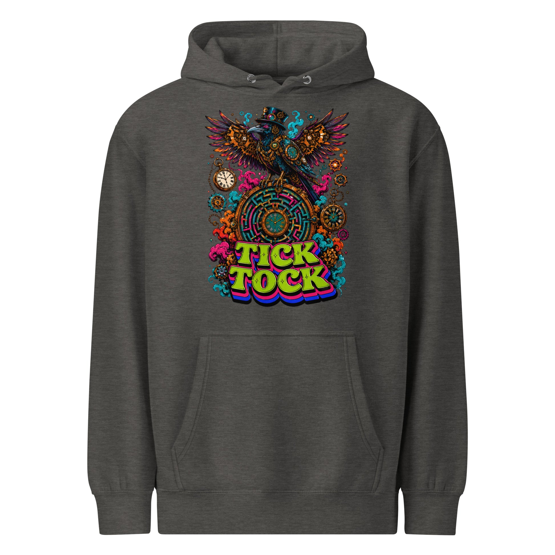 Horror and Mystery Lovers Unisex Essential Eco Hoodie — "Tick Tock" Mechanical Crow and Clockwork Labyrinth Design by printfluence.net