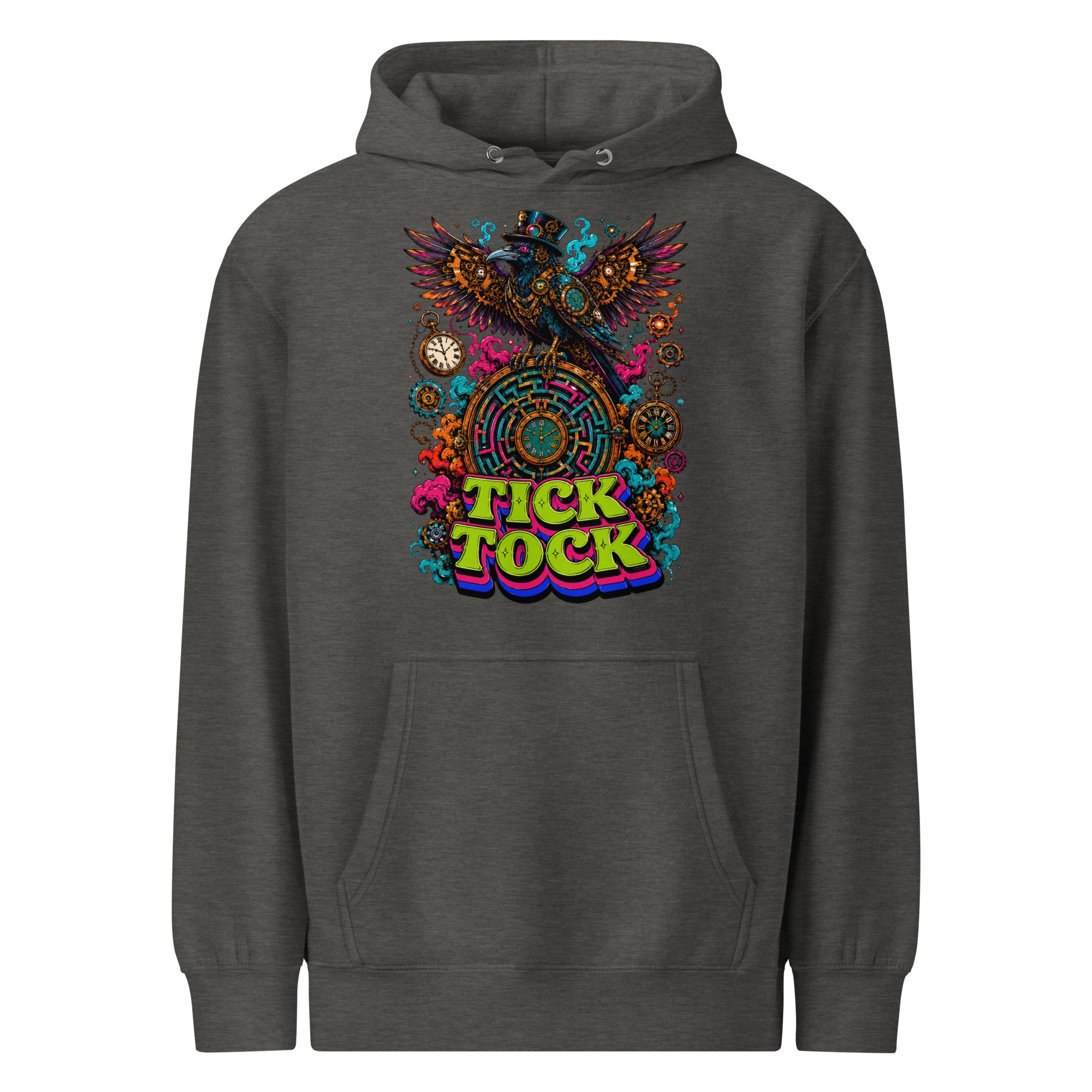 Horror and Mystery Lovers Unisex Essential Eco Hoodie — "Tick Tock" Mechanical Crow and Clockwork Labyrinth Design by printfluence.net