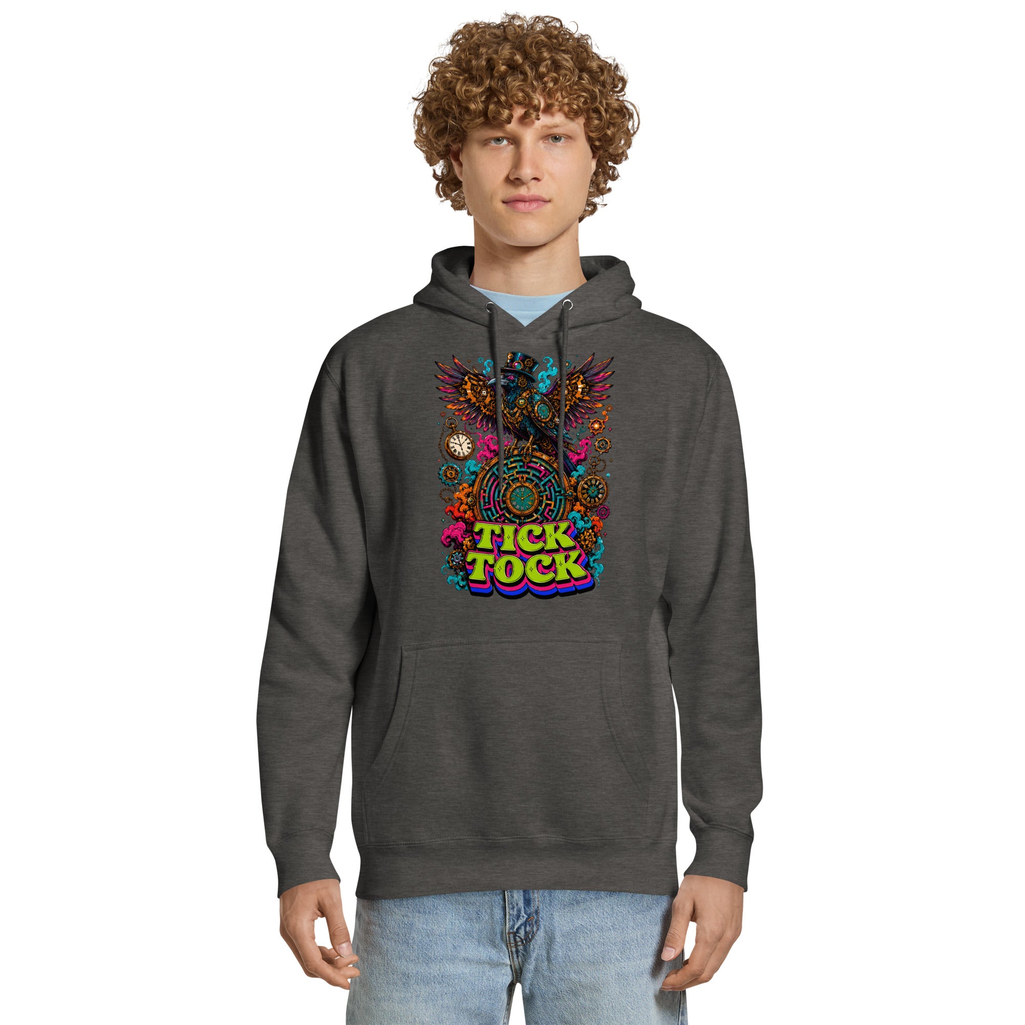 Horror and Mystery Lovers Unisex Essential Eco Hoodie — "Tick Tock" Mechanical Crow and Clockwork Labyrinth Design by printfluence.net