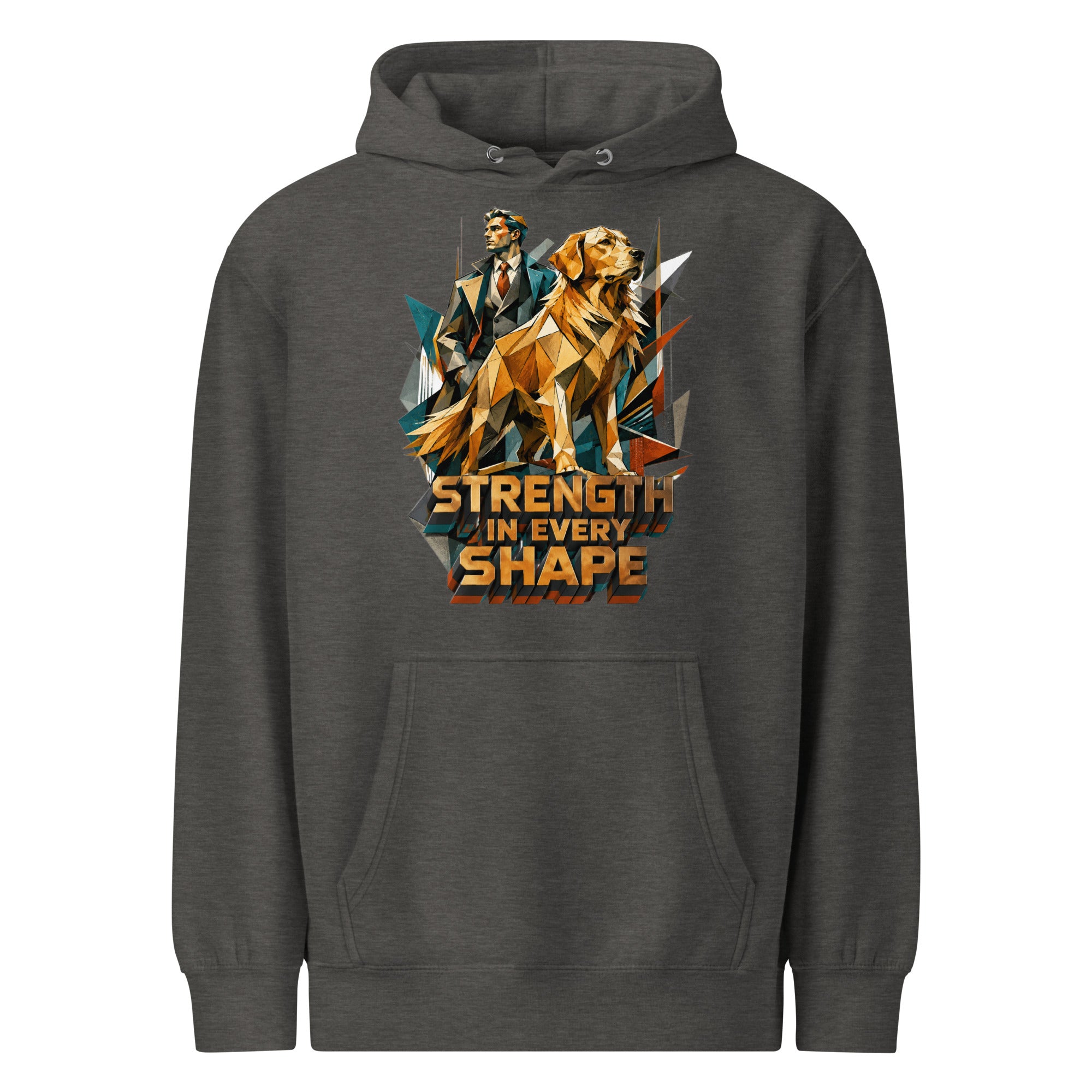 Golden Retriever Lovers Unisex Premium Mid-Weight Hoodie — "Strength in Every Shape" Geometric Detective and Golden Dog Design by printfluence.net