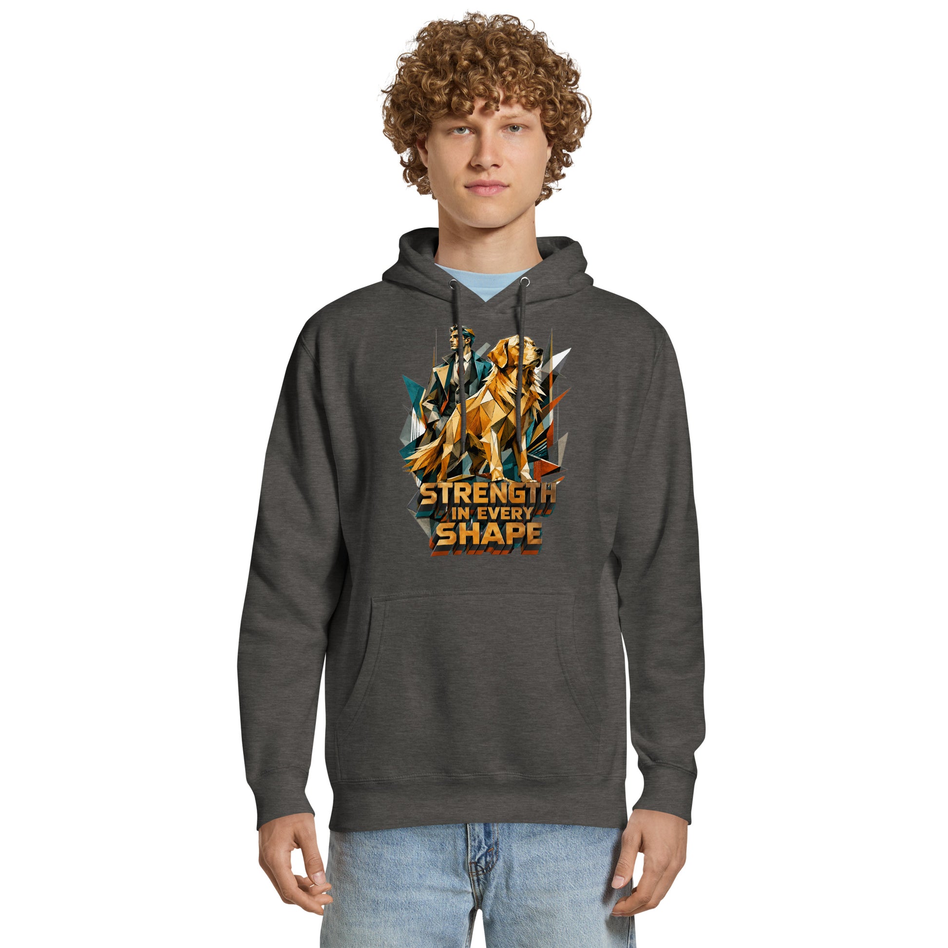 Golden Retriever Lovers Unisex Premium Mid-Weight Hoodie — "Strength in Every Shape" Geometric Detective and Golden Dog Design by printfluence.net