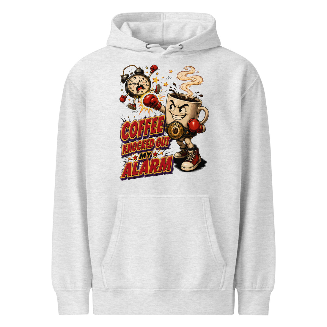 Coffee Lovers Unisex Premium Mid-weight Hoodie Coffee Knocked Out My Alarm – Funny Morning Motivation Graphic Pullover by printfluence.net