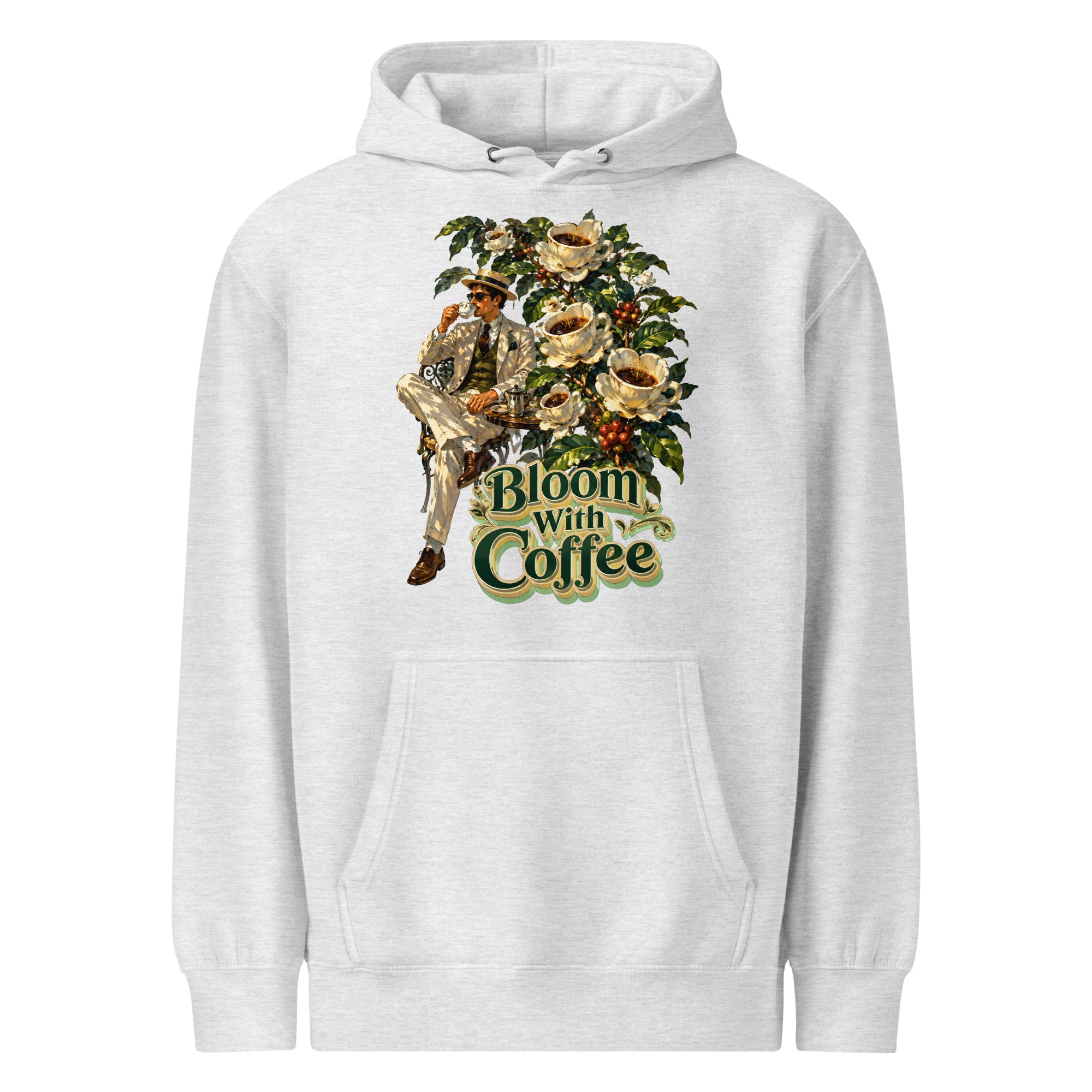 Coffee Lovers Unisex Premium Mid-Weight Hoodie Bloom with Coffee – Vintage Botanical & Gentleman Graphic Pullover by printfluence.net