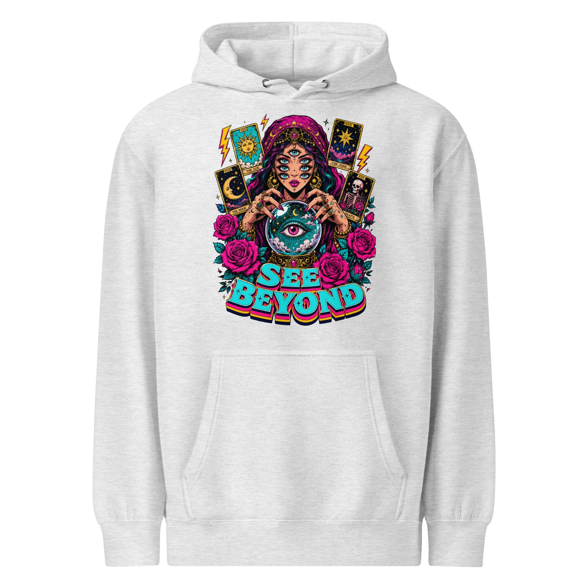 Tarot & Occult Lovers Unisex Premium Mid-Weight Hoodie with Multi-Eyed Fortune Teller and "See Beyond" Design by printfluence.net