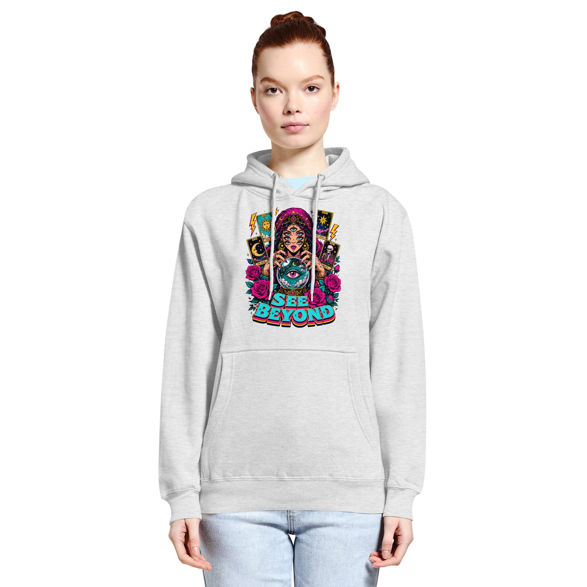 Tarot & Occult Lovers Unisex Premium Mid-Weight Hoodie with Multi-Eyed Fortune Teller and "See Beyond" Design by printfluence.net