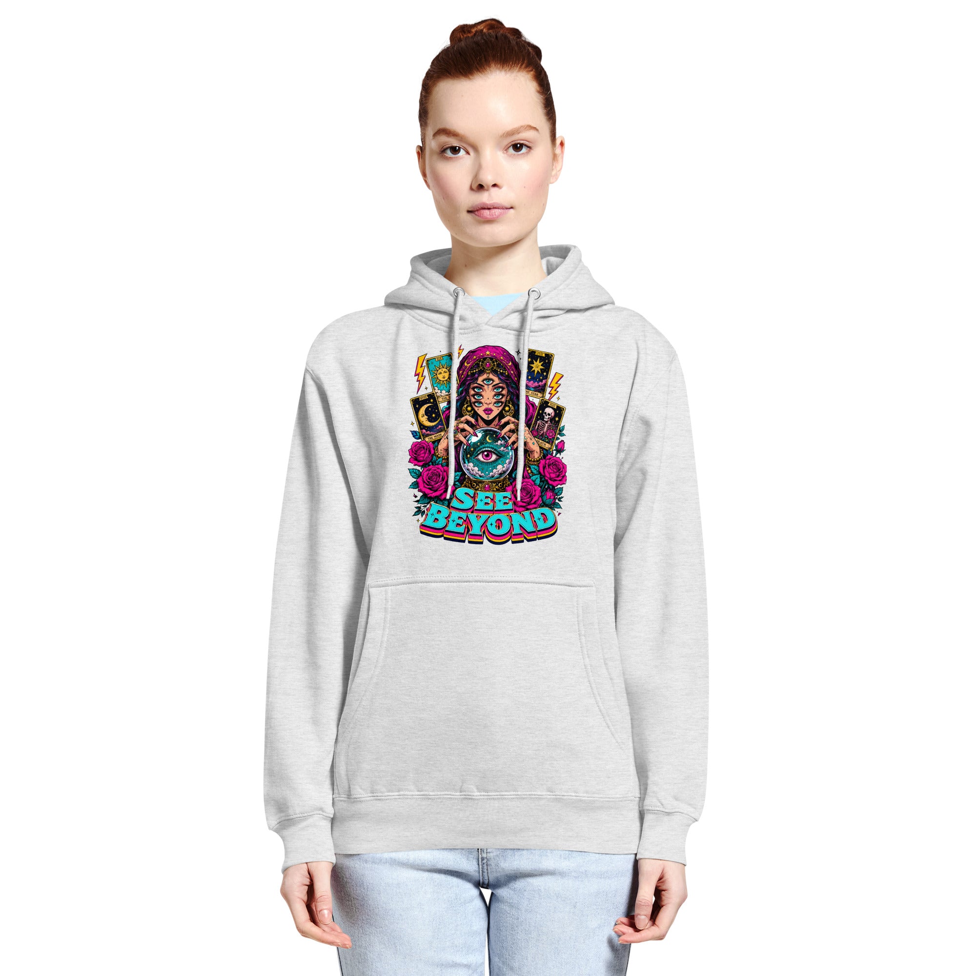 Tarot & Occult Lovers Unisex Premium Mid-Weight Hoodie with Multi-Eyed Fortune Teller and "See Beyond" Design by printfluence.net