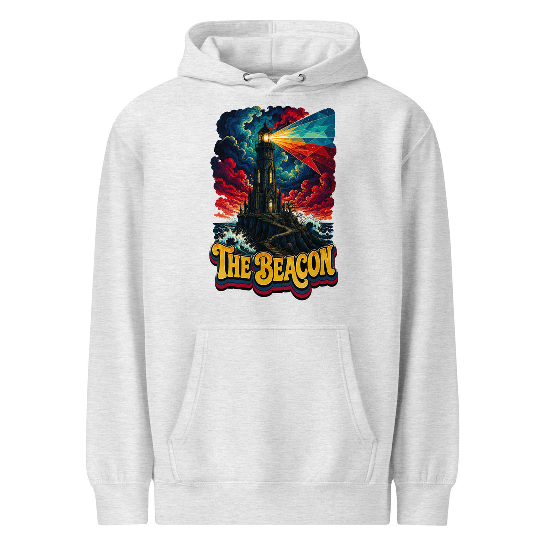 Horror and Mystery Lovers Unisex Premium Mid-Weight Hoodie — "The Beacon" Dark Gothic Lighthouse Design by printfluence.net