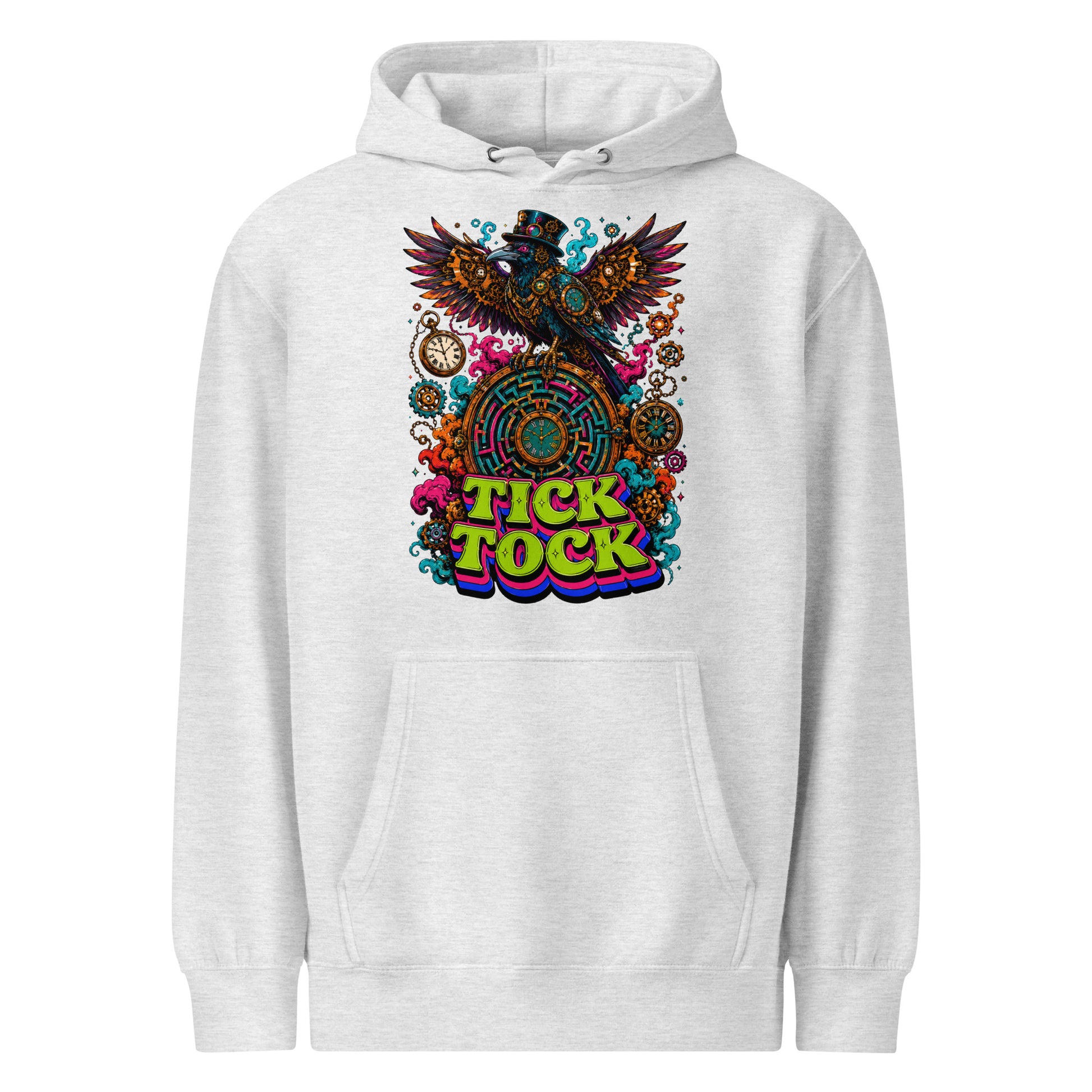 Horror and Mystery Lovers Unisex Essential Eco Hoodie — "Tick Tock" Mechanical Crow and Clockwork Labyrinth Design by printfluence.net
