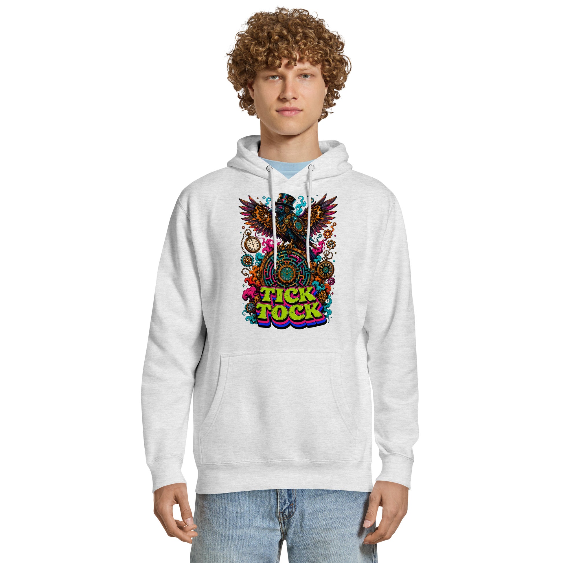 Horror and Mystery Lovers Unisex Essential Eco Hoodie — "Tick Tock" Mechanical Crow and Clockwork Labyrinth Design by printfluence.net