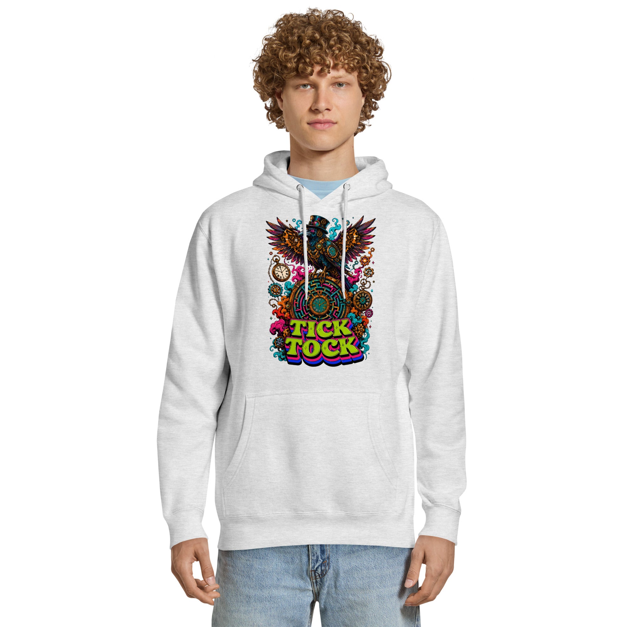 Horror and Mystery Lovers Unisex Essential Eco Hoodie — "Tick Tock" Mechanical Crow and Clockwork Labyrinth Design by printfluence.net