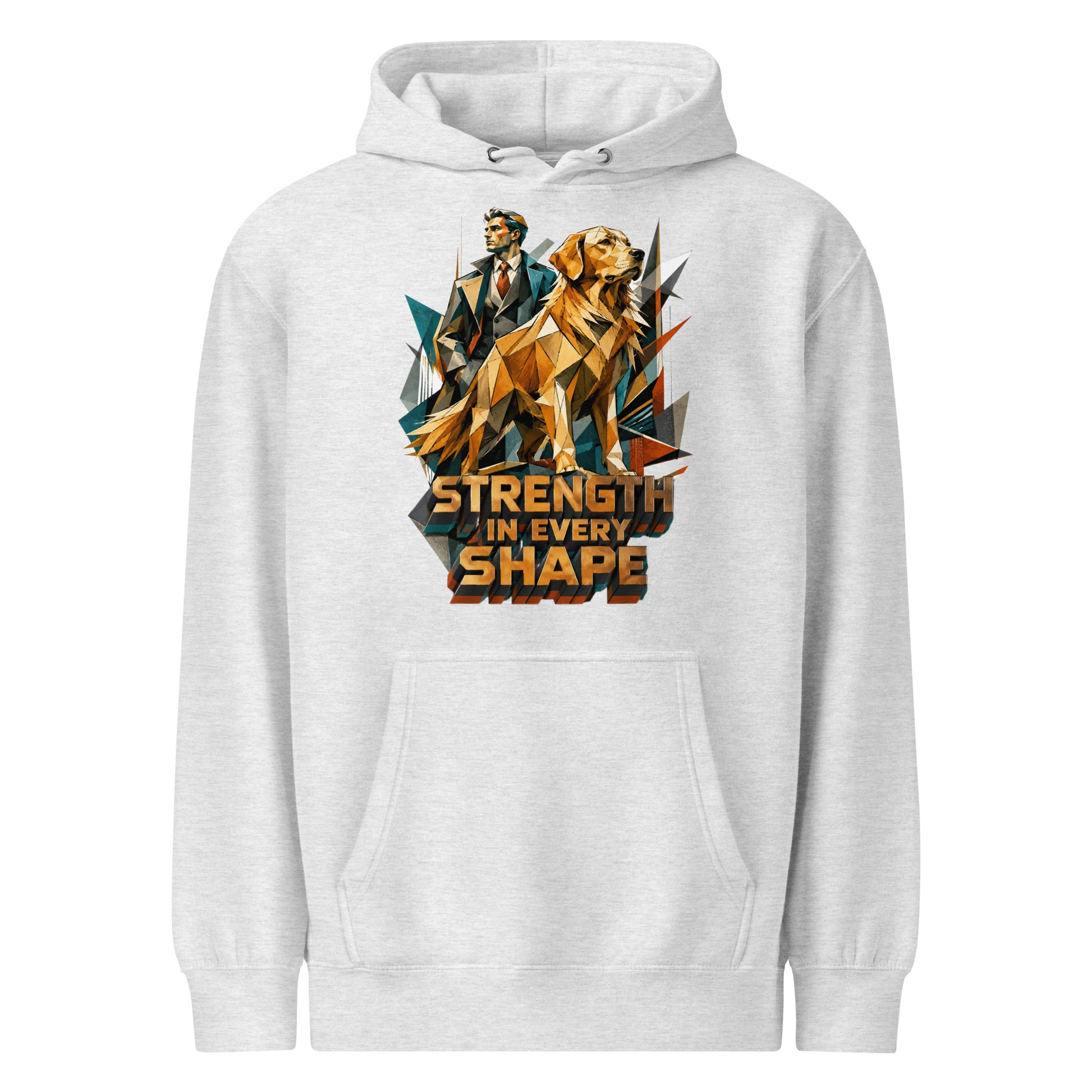 Golden Retriever Lovers Unisex Premium Mid-Weight Hoodie — "Strength in Every Shape" Geometric Detective and Golden Dog Design by printfluence.net