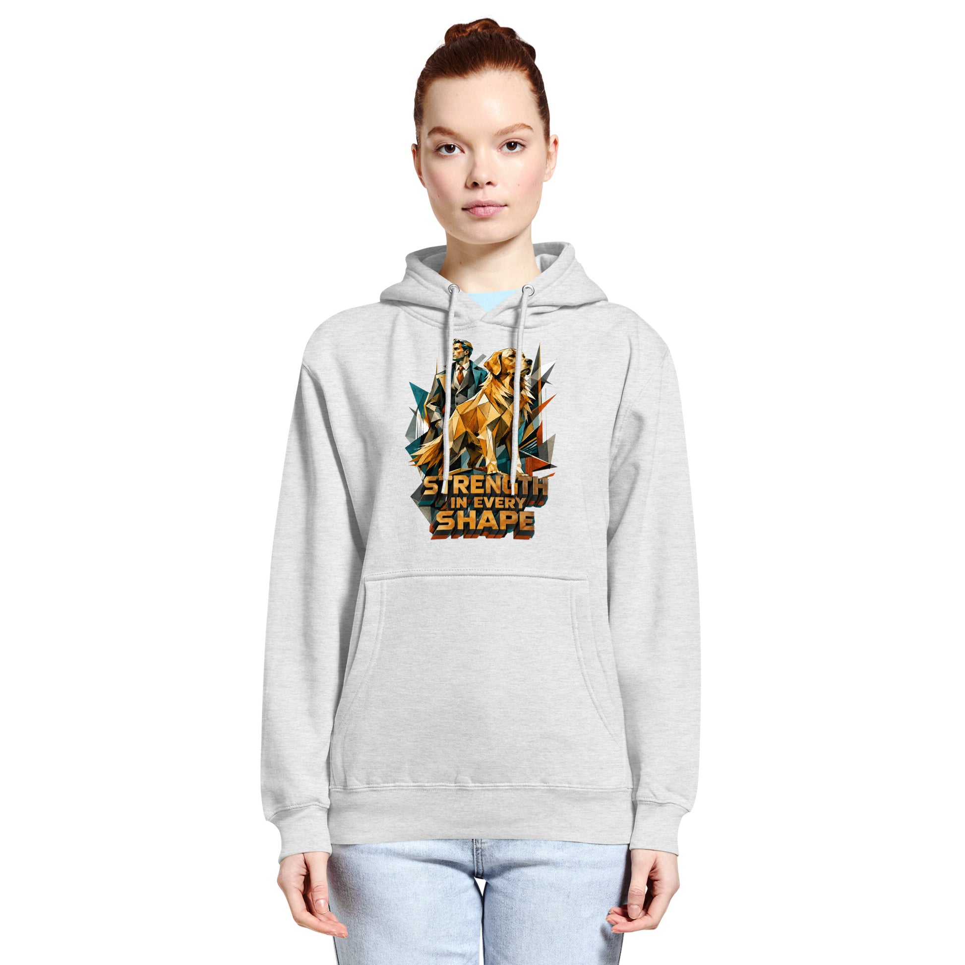 Golden Retriever Lovers Unisex Premium Mid-Weight Hoodie — "Strength in Every Shape" Geometric Detective and Golden Dog Design by printfluence.net