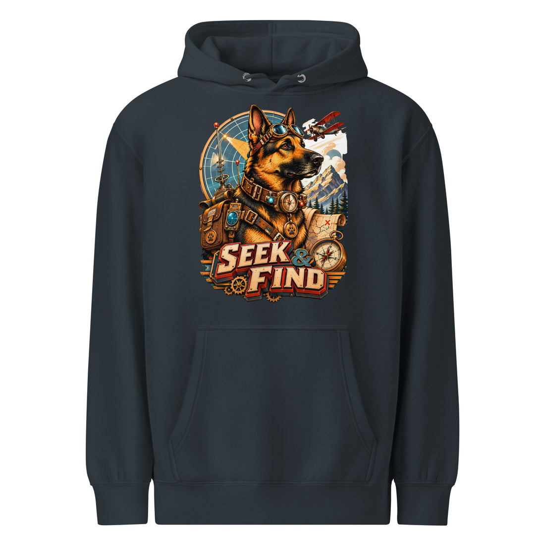 German Shepherd Lovers Mid-Weight Hoodie | "Seek & Find" Vintage Explorer Graphic Sweatshirt by printfluence.net