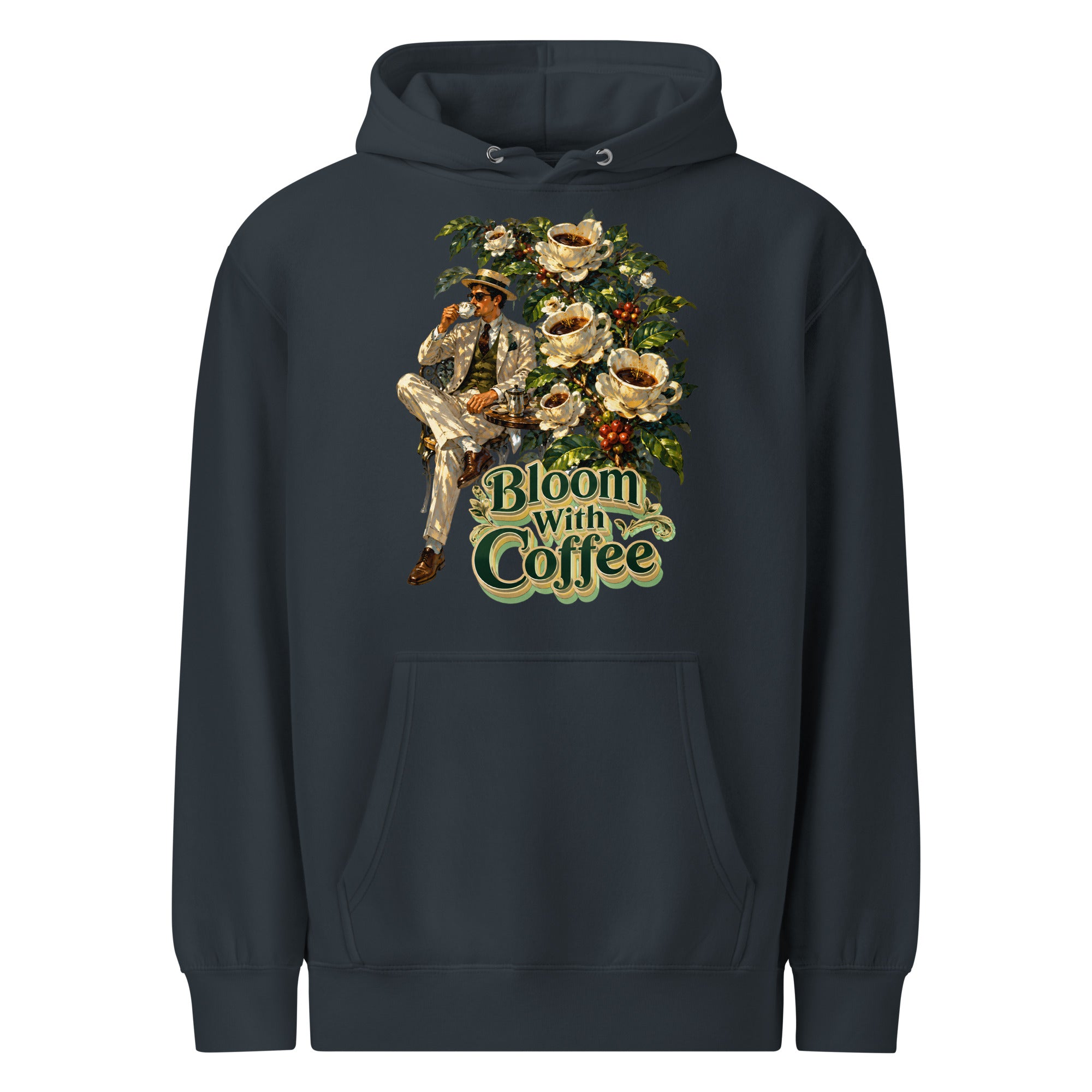 Coffee Lovers Unisex Premium Mid-Weight Hoodie Bloom with Coffee – Vintage Botanical & Gentleman Graphic Pullover by printfluence.net