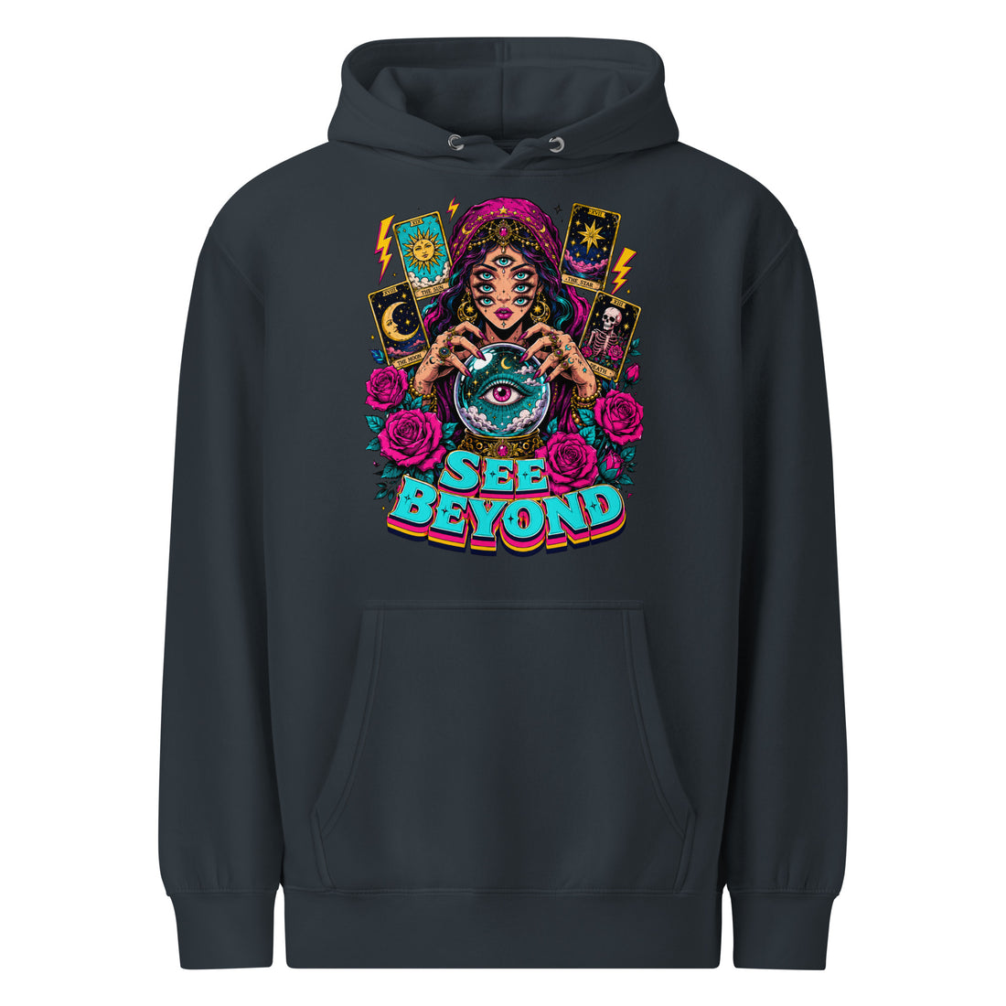 Tarot & Occult Lovers Unisex Premium Mid-Weight Hoodie with Multi-Eyed Fortune Teller and "See Beyond" Design by printfluence.net