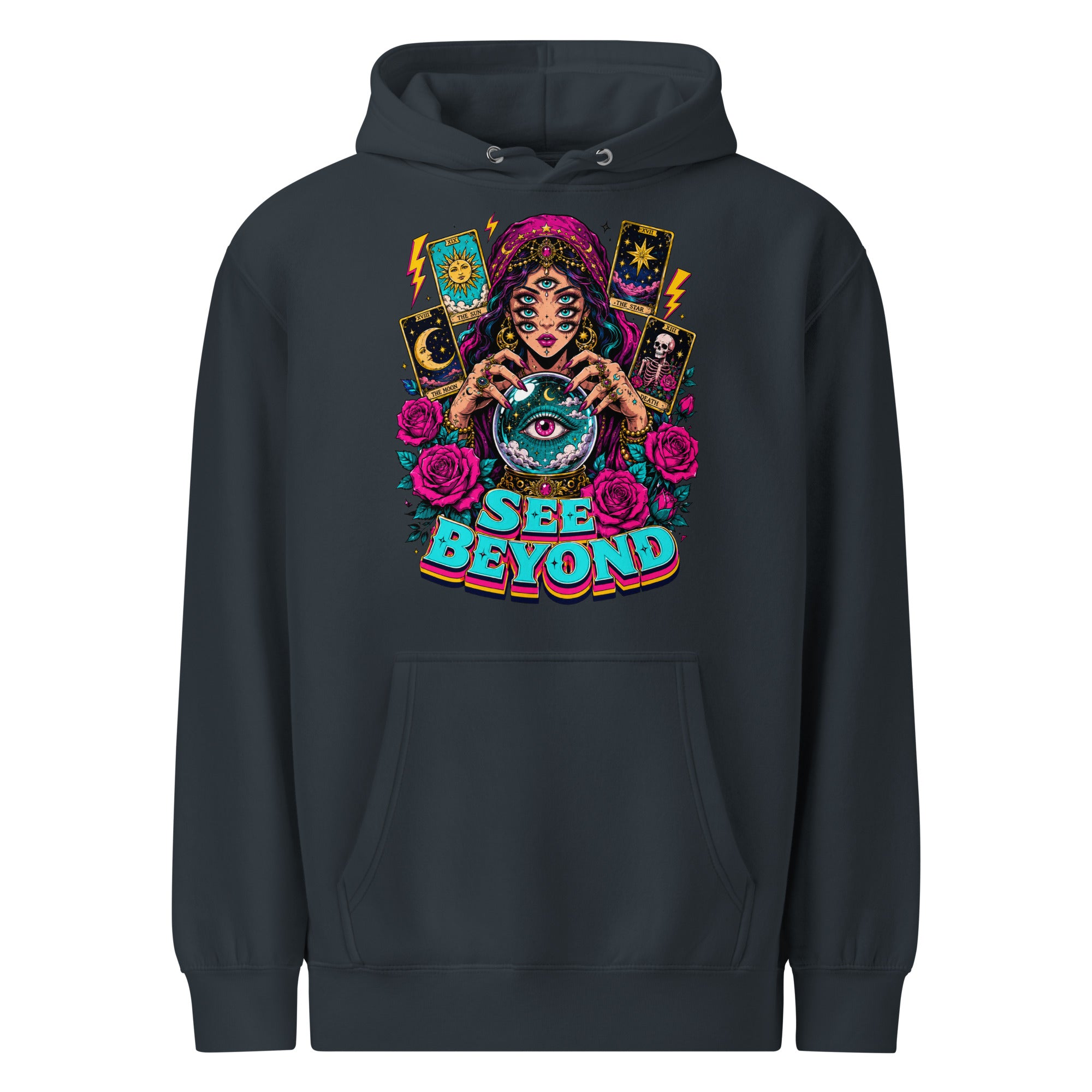 Tarot & Occult Lovers Unisex Premium Mid-Weight Hoodie with Multi-Eyed Fortune Teller and "See Beyond" Design by printfluence.net