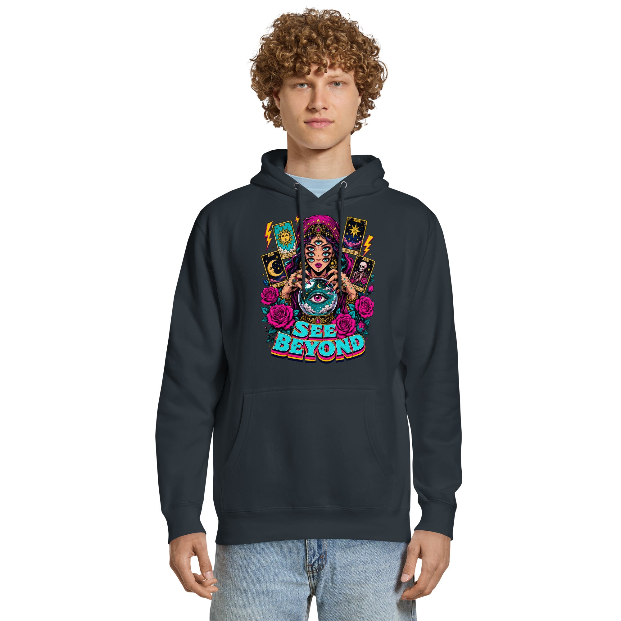 Tarot & Occult Lovers Unisex Premium Mid-Weight Hoodie with Multi-Eyed Fortune Teller and "See Beyond" Design by printfluence.net