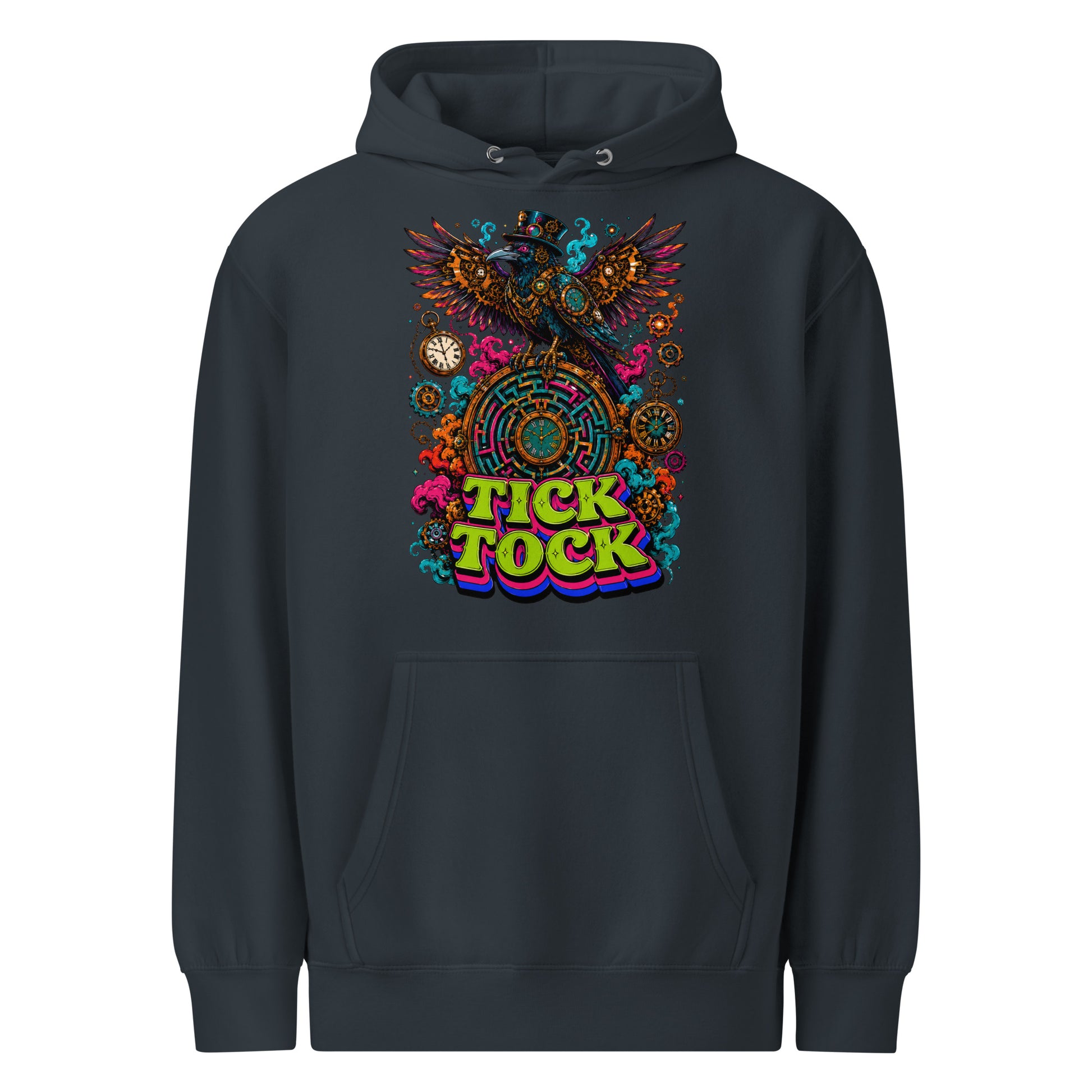 Horror and Mystery Lovers Unisex Essential Eco Hoodie — "Tick Tock" Mechanical Crow and Clockwork Labyrinth Design by printfluence.net