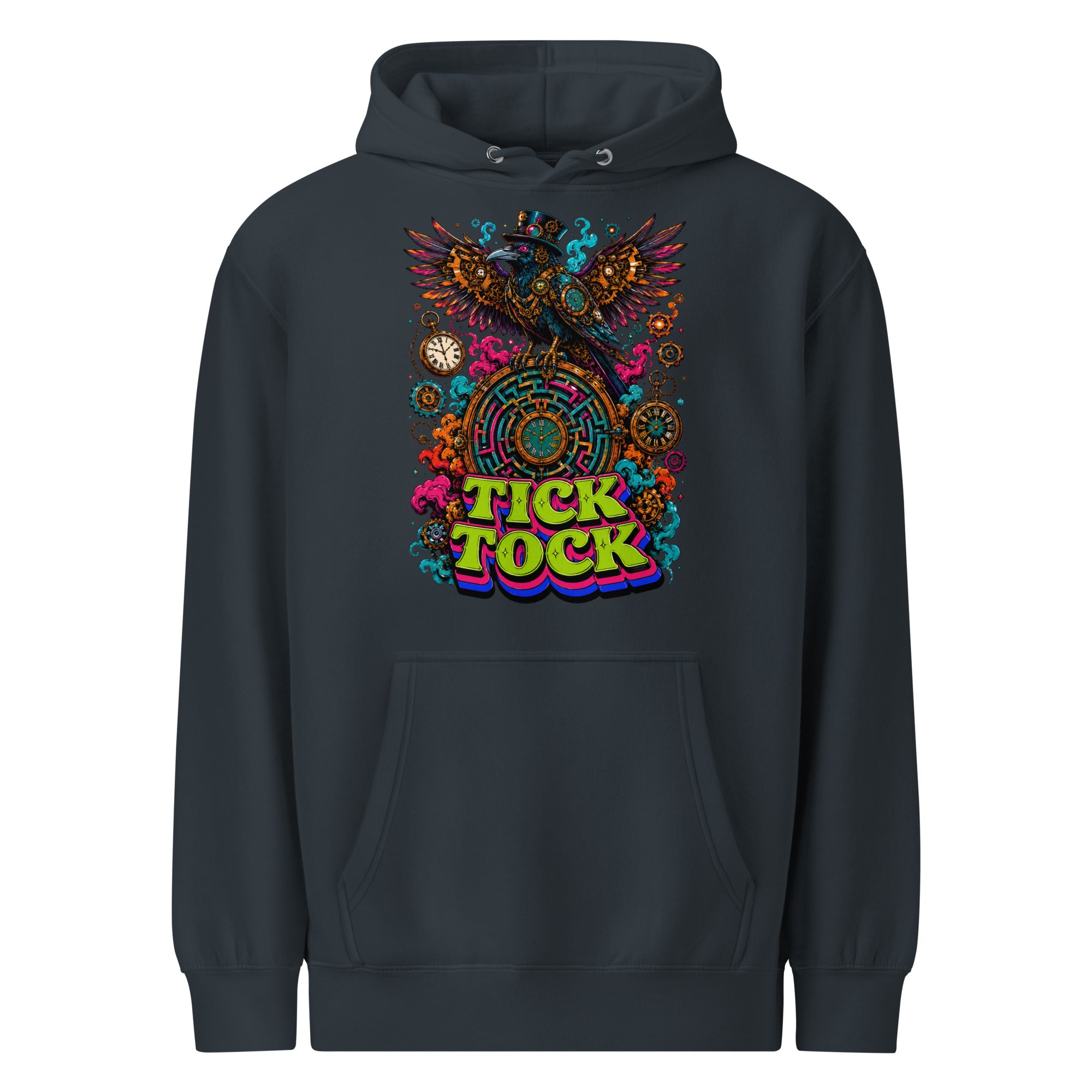 Horror and Mystery Lovers Unisex Essential Eco Hoodie — "Tick Tock" Mechanical Crow and Clockwork Labyrinth Design by printfluence.net