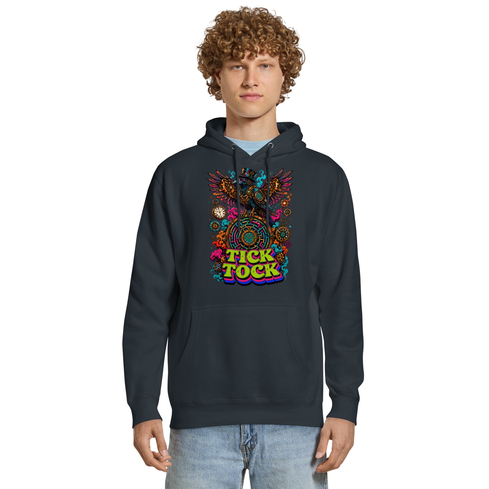 Horror and Mystery Lovers Unisex Essential Eco Hoodie — "Tick Tock" Mechanical Crow and Clockwork Labyrinth Design by printfluence.net