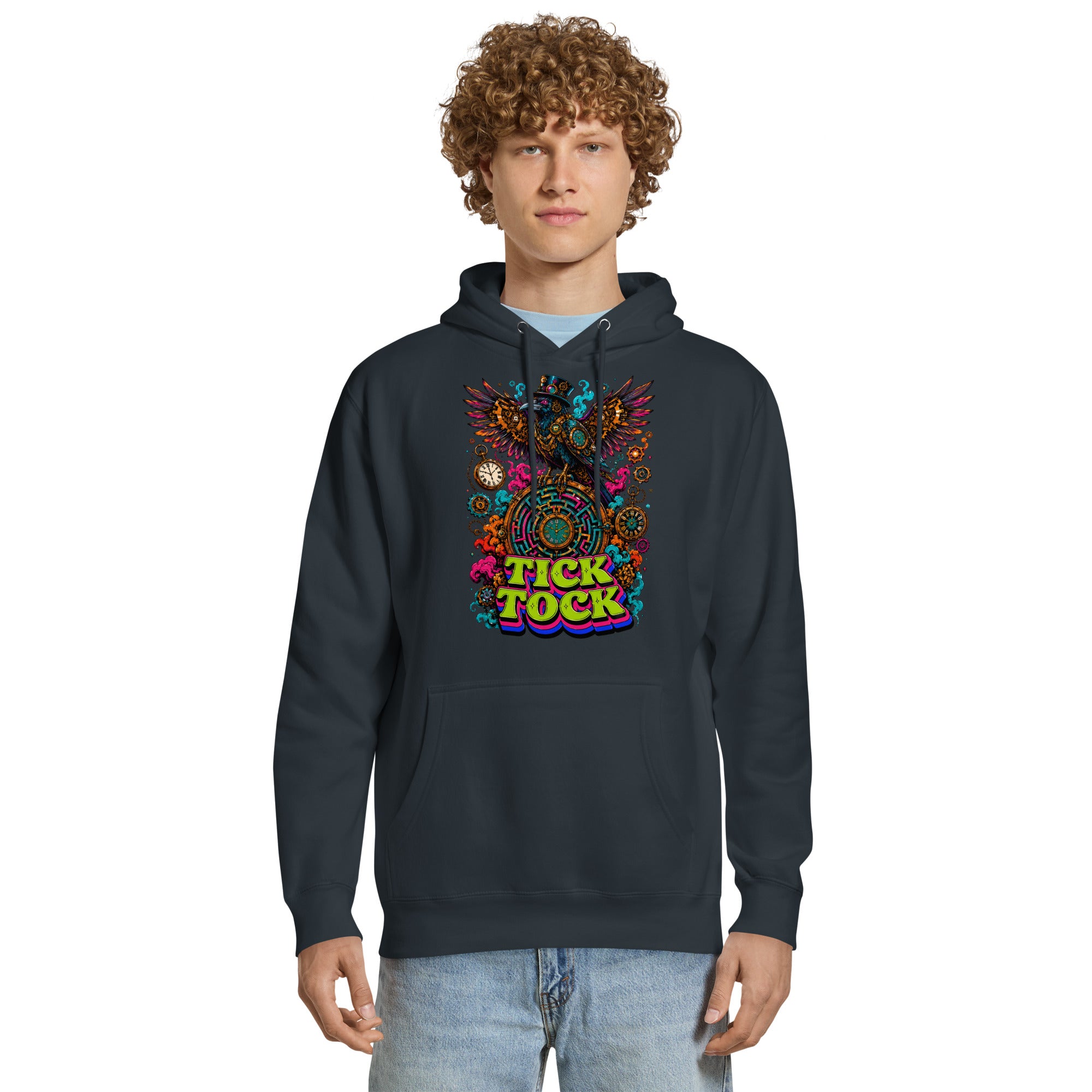 Horror and Mystery Lovers Unisex Essential Eco Hoodie — "Tick Tock" Mechanical Crow and Clockwork Labyrinth Design by printfluence.net
