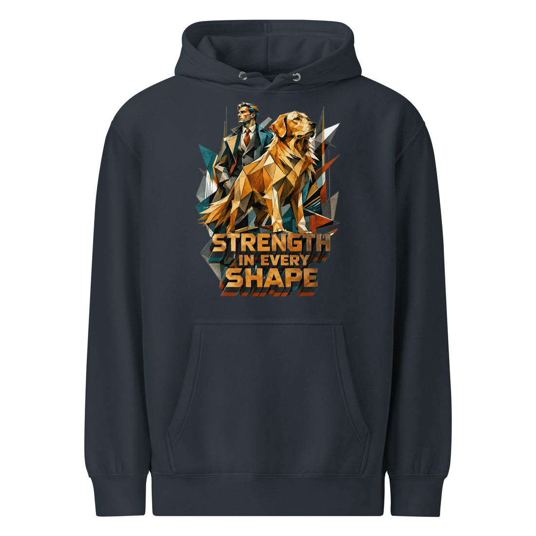 Golden Retriever Lovers Unisex Premium Mid-Weight Hoodie — "Strength in Every Shape" Geometric Detective and Golden Dog Design by printfluence.net