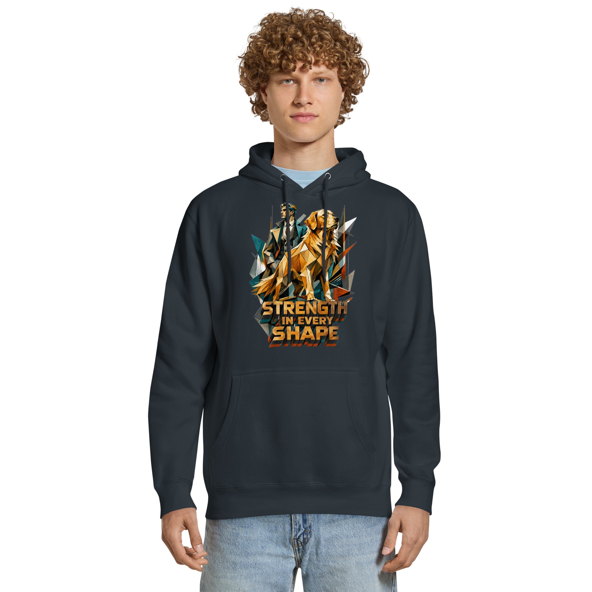 Golden Retriever Lovers Unisex Premium Mid-Weight Hoodie — "Strength in Every Shape" Geometric Detective and Golden Dog Design by printfluence.net