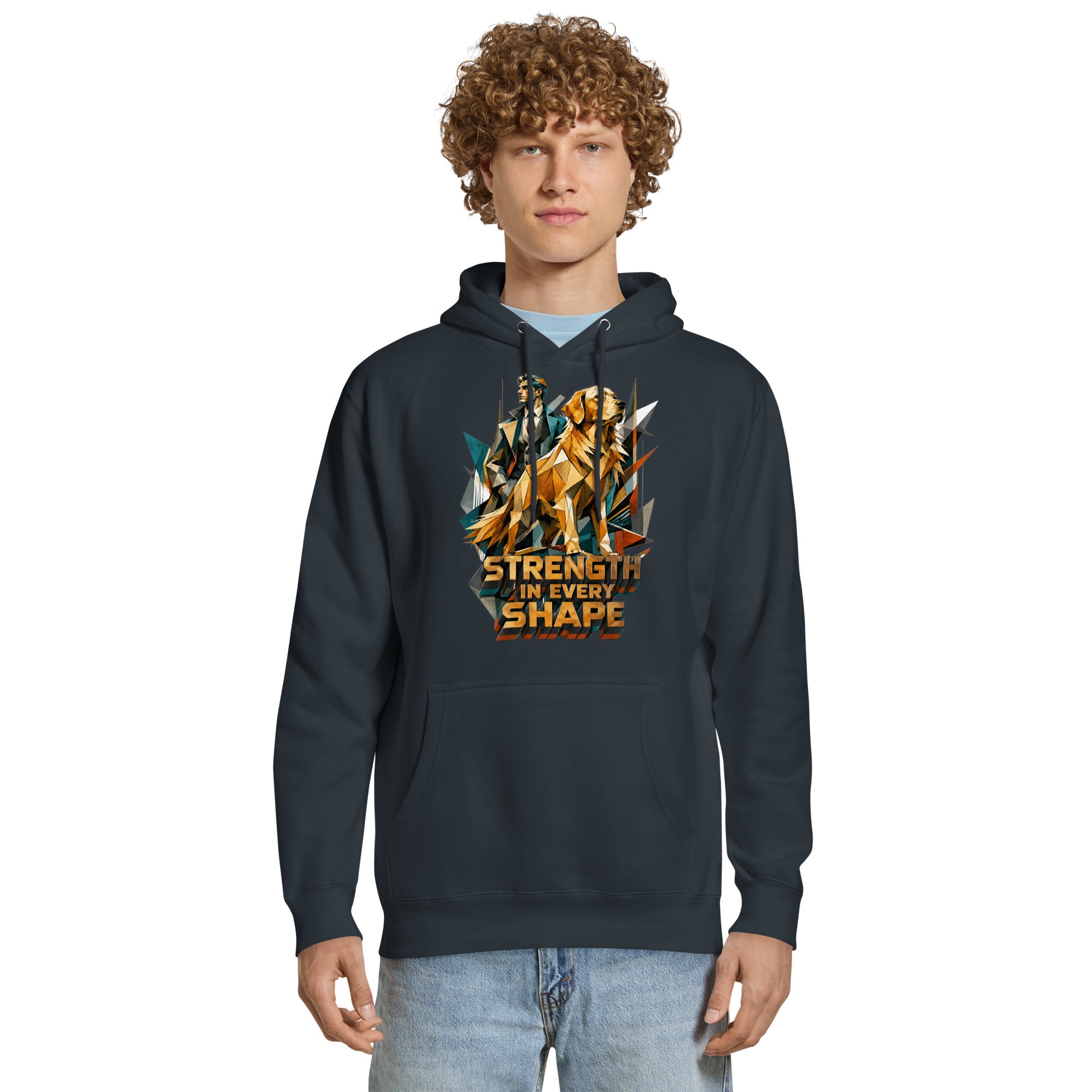 Golden Retriever Lovers Unisex Premium Mid-Weight Hoodie — "Strength in Every Shape" Geometric Detective and Golden Dog Design by printfluence.net