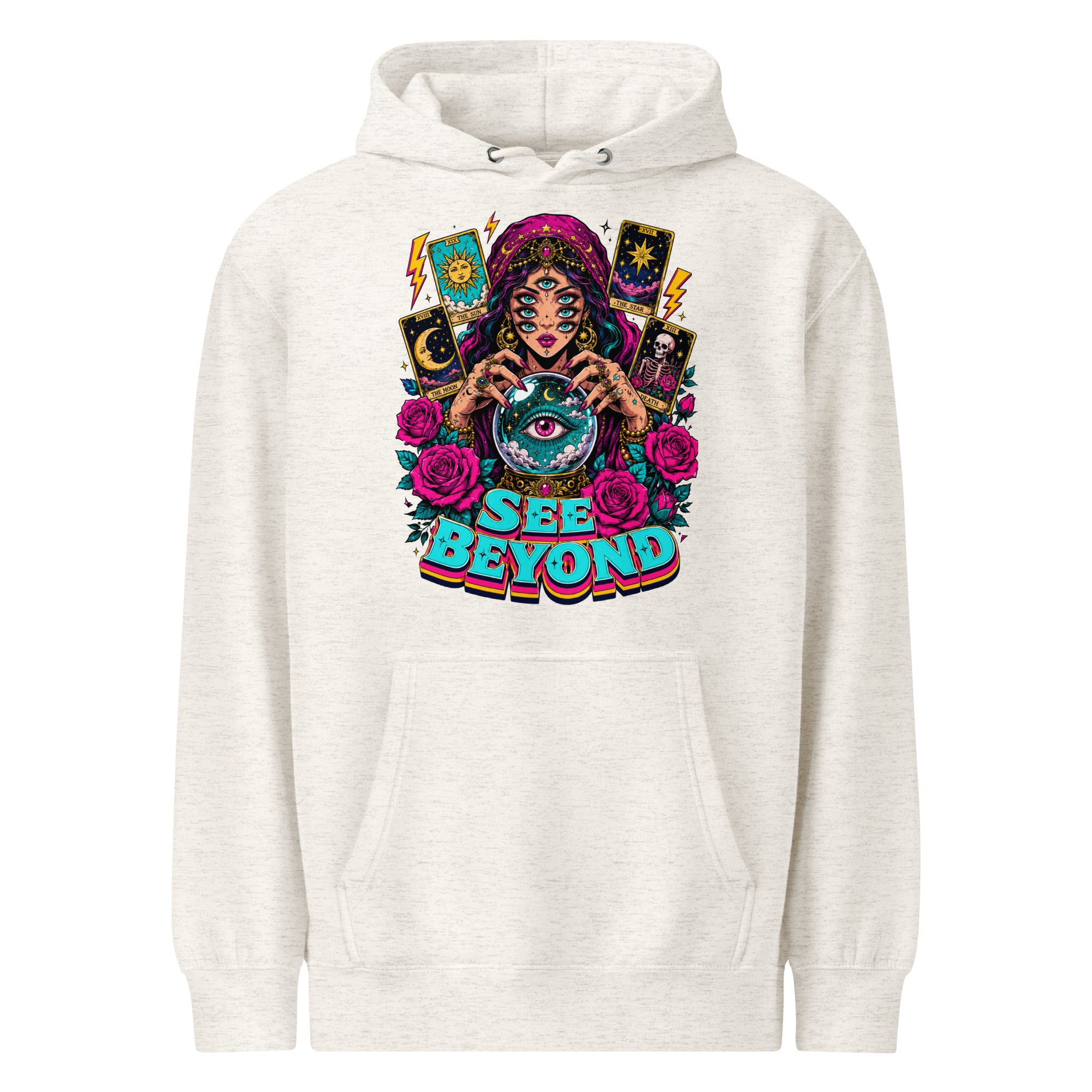 Tarot & Occult Lovers Unisex Premium Mid-Weight Hoodie with Multi-Eyed Fortune Teller and "See Beyond" Design by printfluence.net