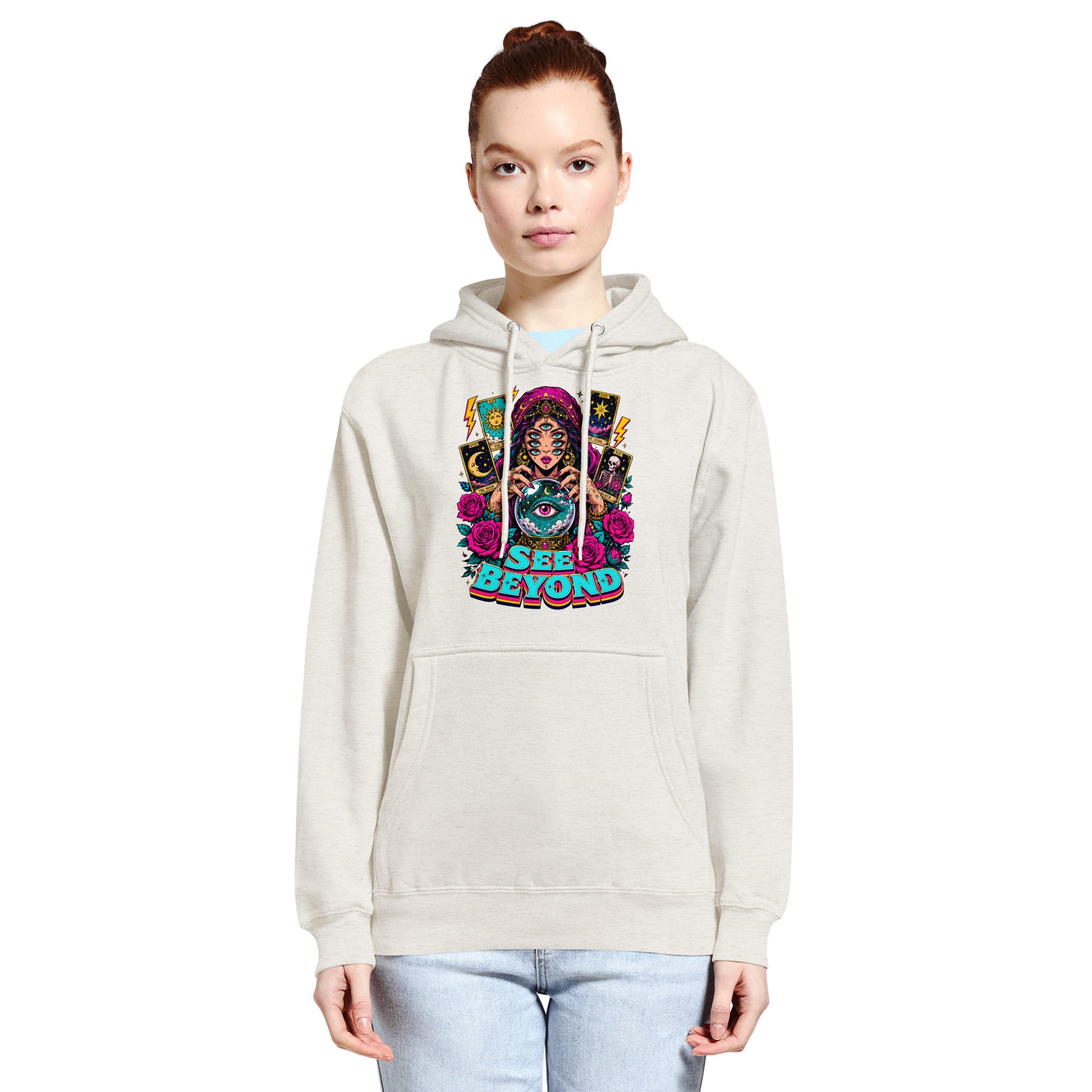 Tarot & Occult Lovers Unisex Premium Mid-Weight Hoodie with Multi-Eyed Fortune Teller and "See Beyond" Design by printfluence.net