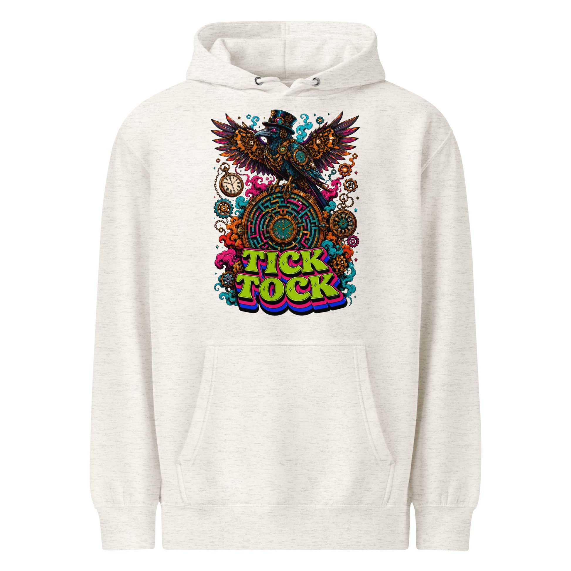 Horror and Mystery Lovers Unisex Essential Eco Hoodie — "Tick Tock" Mechanical Crow and Clockwork Labyrinth Design by printfluence.net