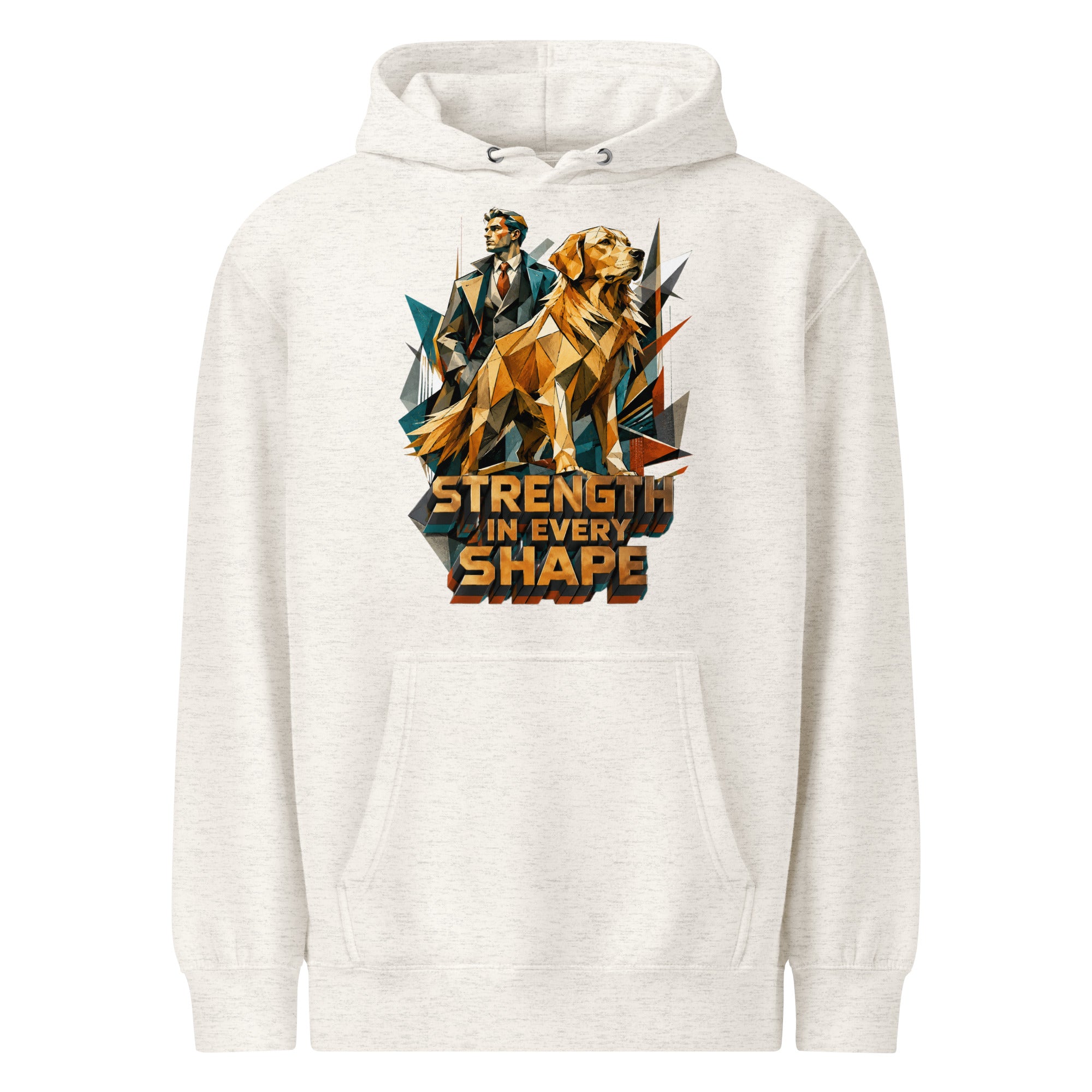 Golden Retriever Lovers Unisex Premium Mid-Weight Hoodie — "Strength in Every Shape" Geometric Detective and Golden Dog Design by printfluence.net