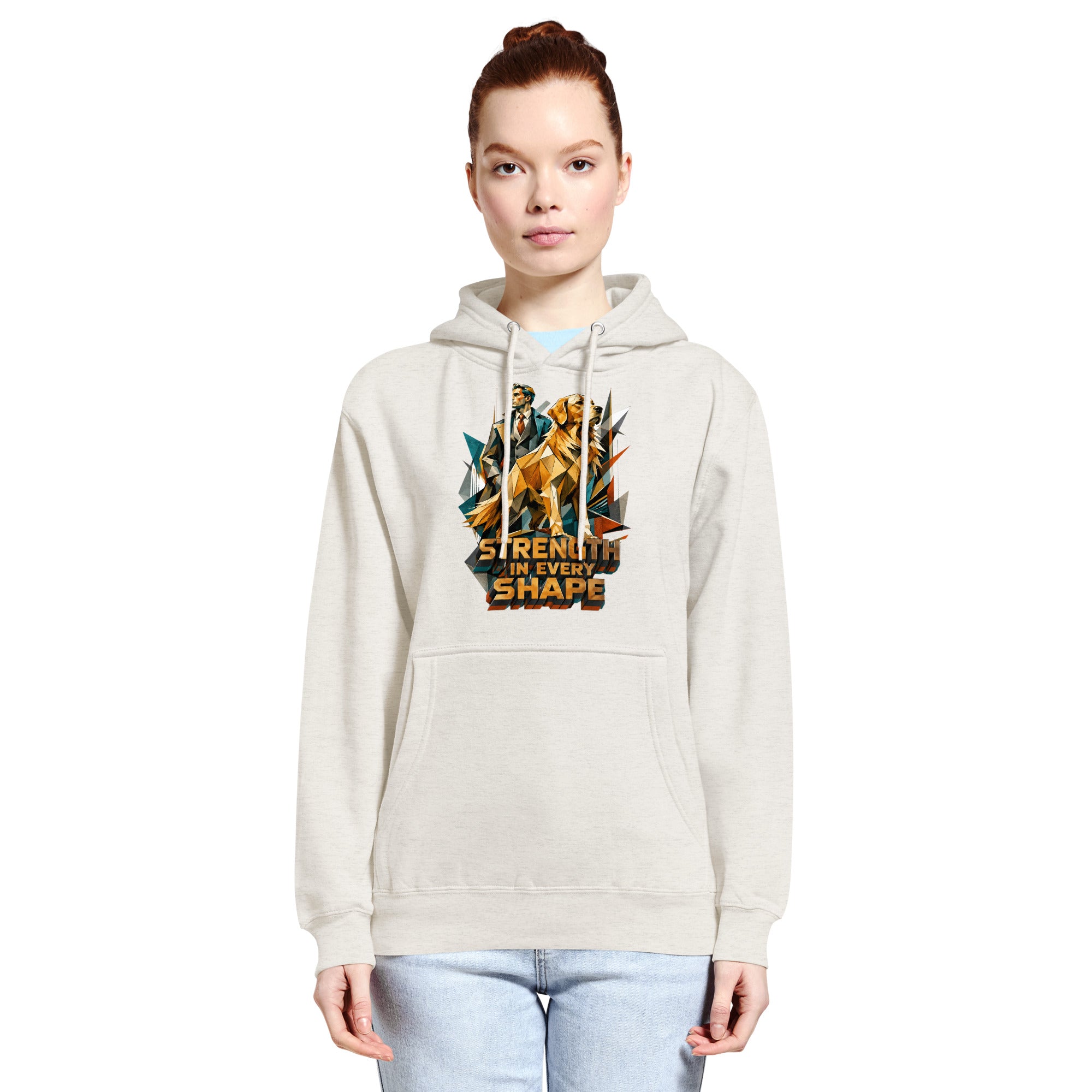 Golden Retriever Lovers Unisex Premium Mid-Weight Hoodie — "Strength in Every Shape" Geometric Detective and Golden Dog Design by printfluence.net