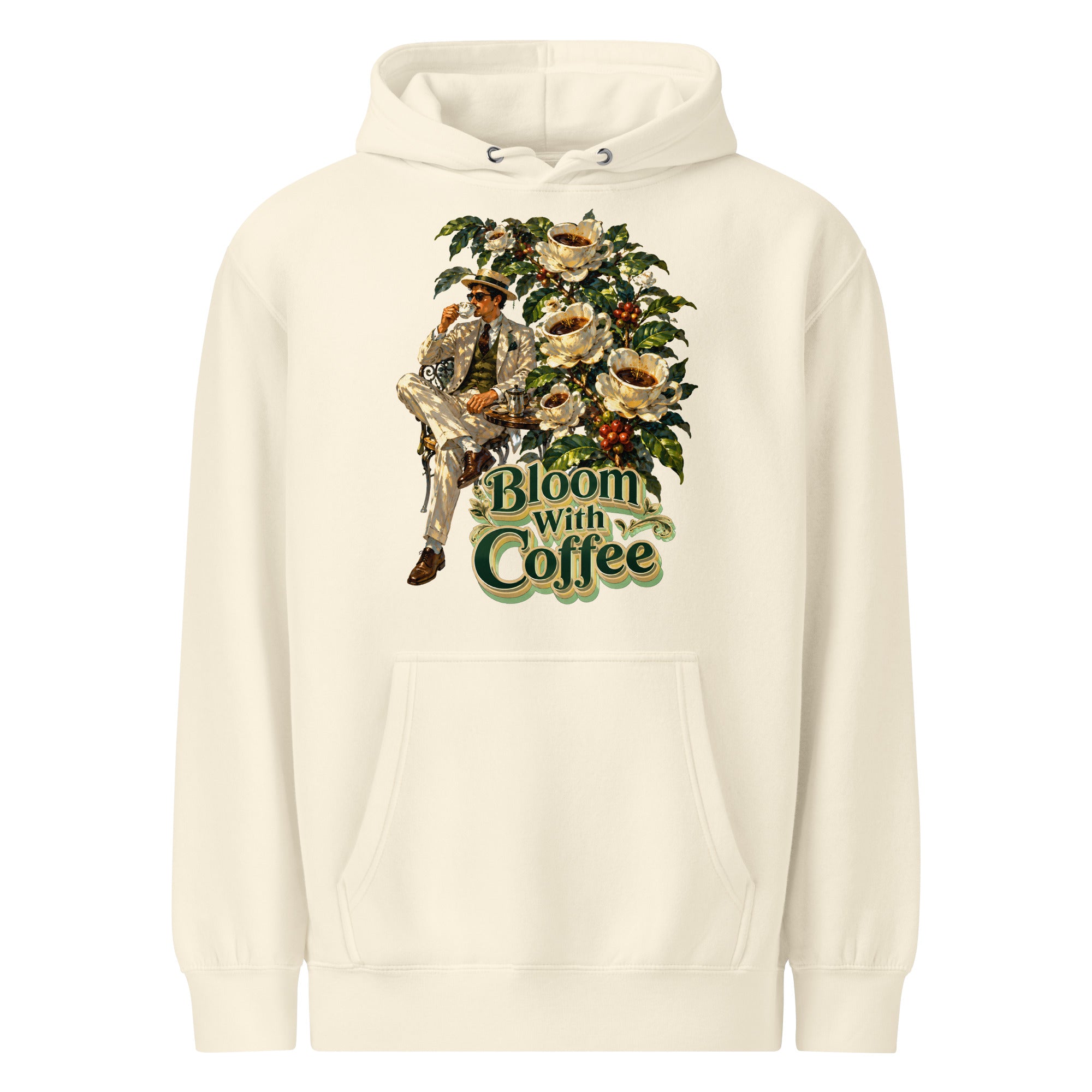 Coffee Lovers Unisex Premium Mid-Weight Hoodie Bloom with Coffee – Vintage Botanical & Gentleman Graphic Pullover by printfluence.net