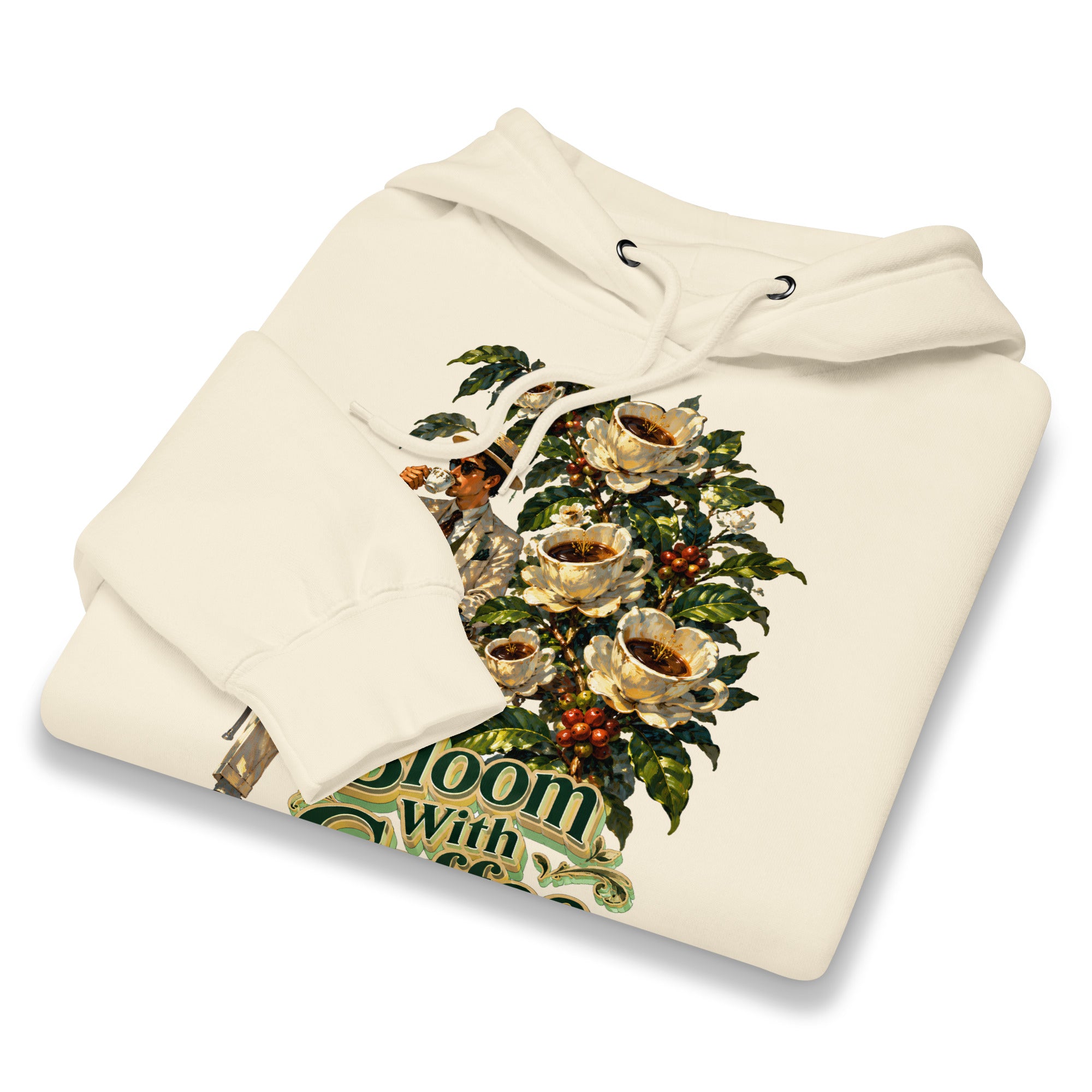Coffee Lovers Unisex Premium Mid-Weight Hoodie Bloom with Coffee – Vintage Botanical & Gentleman Graphic Pullover by printfluence.net
