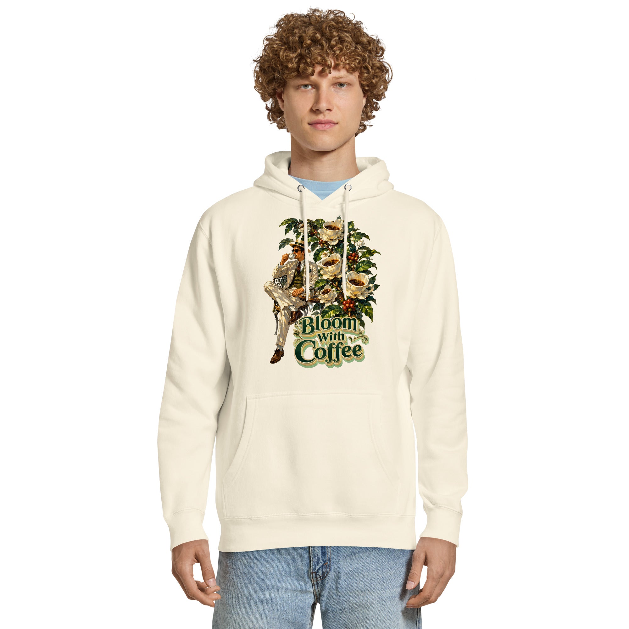 Coffee Lovers Unisex Premium Mid-Weight Hoodie Bloom with Coffee – Vintage Botanical & Gentleman Graphic Pullover by printfluence.net
