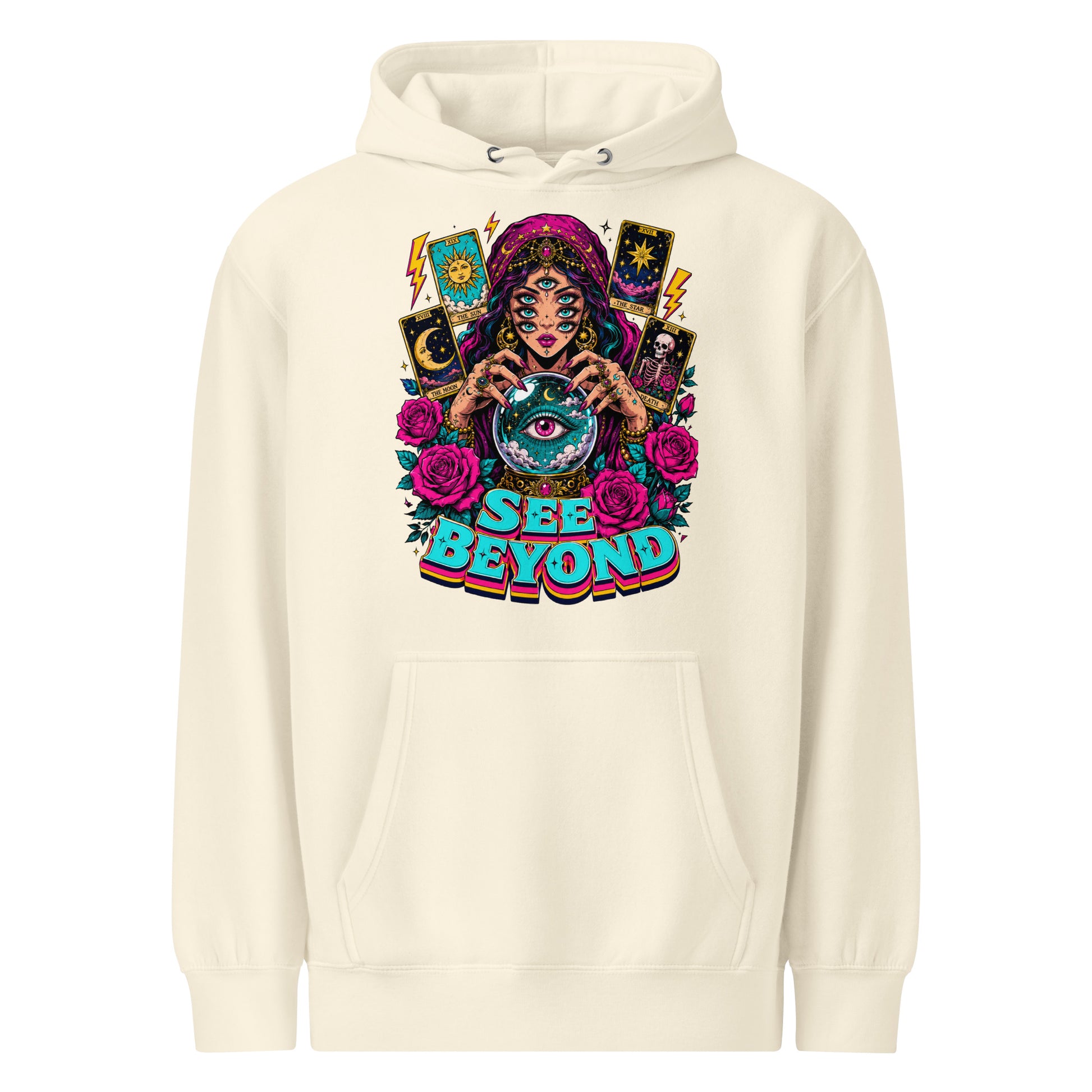 Tarot & Occult Lovers Unisex Premium Mid-Weight Hoodie with Multi-Eyed Fortune Teller and "See Beyond" Design by printfluence.net