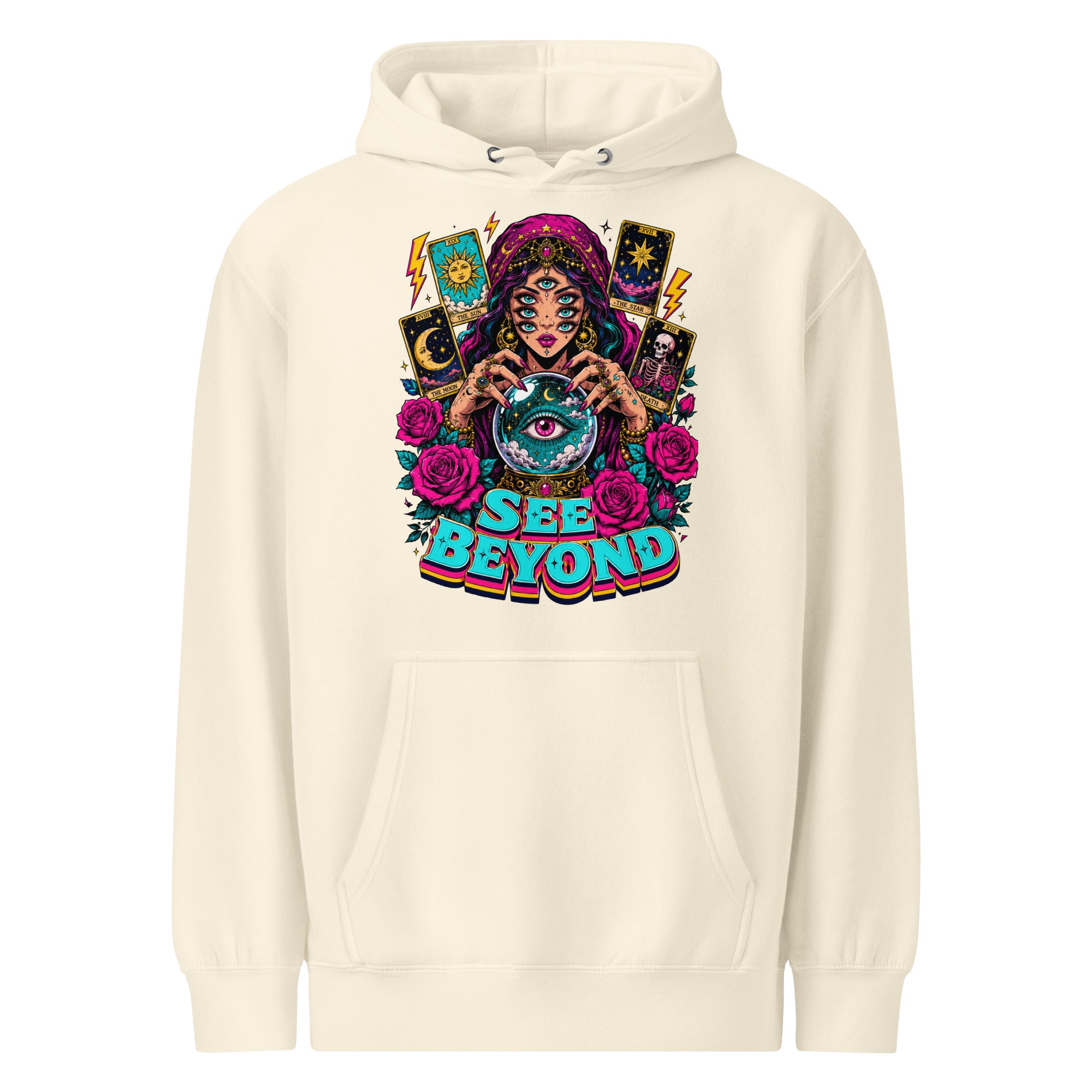 Tarot & Occult Lovers Unisex Premium Mid-Weight Hoodie with Multi-Eyed Fortune Teller and "See Beyond" Design by printfluence.net